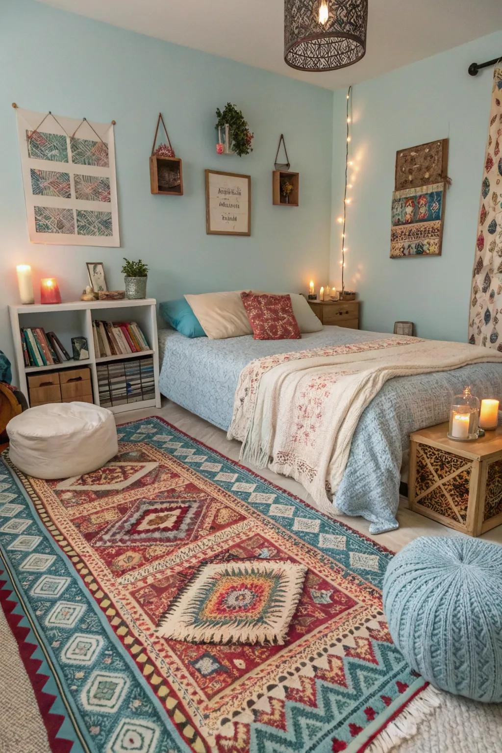A bohemian bedroom with patterned rugs and light blue accents for a unique ambiance.