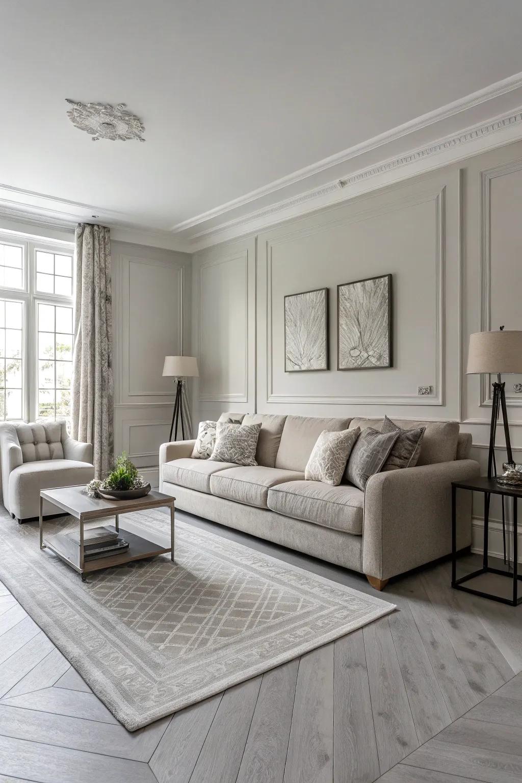 A sleek monochrome living room with light grey flooring.
