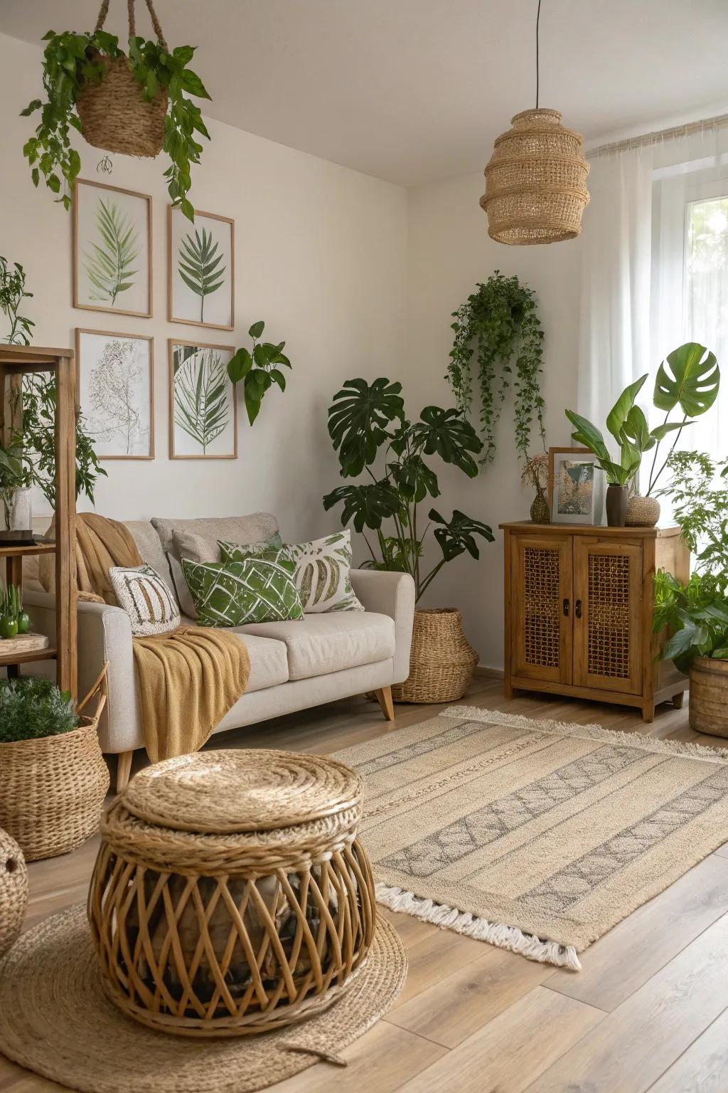 A nature-inspired living room that harmoniously blends with light wood floors, featuring lush greenery.