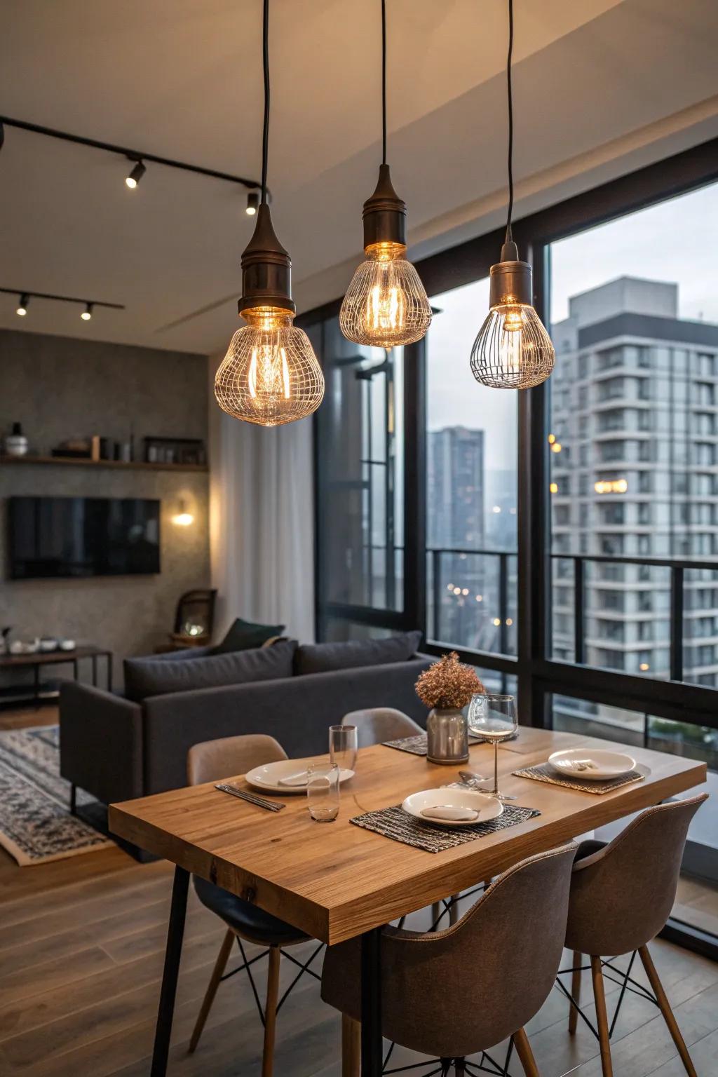 Attachable drop lights contribute a modern impression to dining zones, generating a fashionable point of interest.