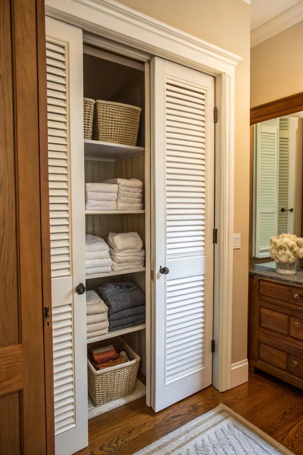 Slatted panels provide ventilation and timeless style for a linen closet.
