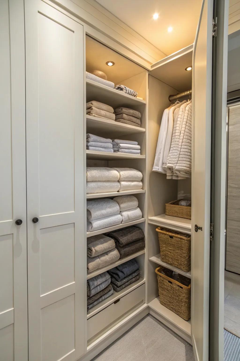 Slide-out shelves grant easy reach to hard-to-get items.