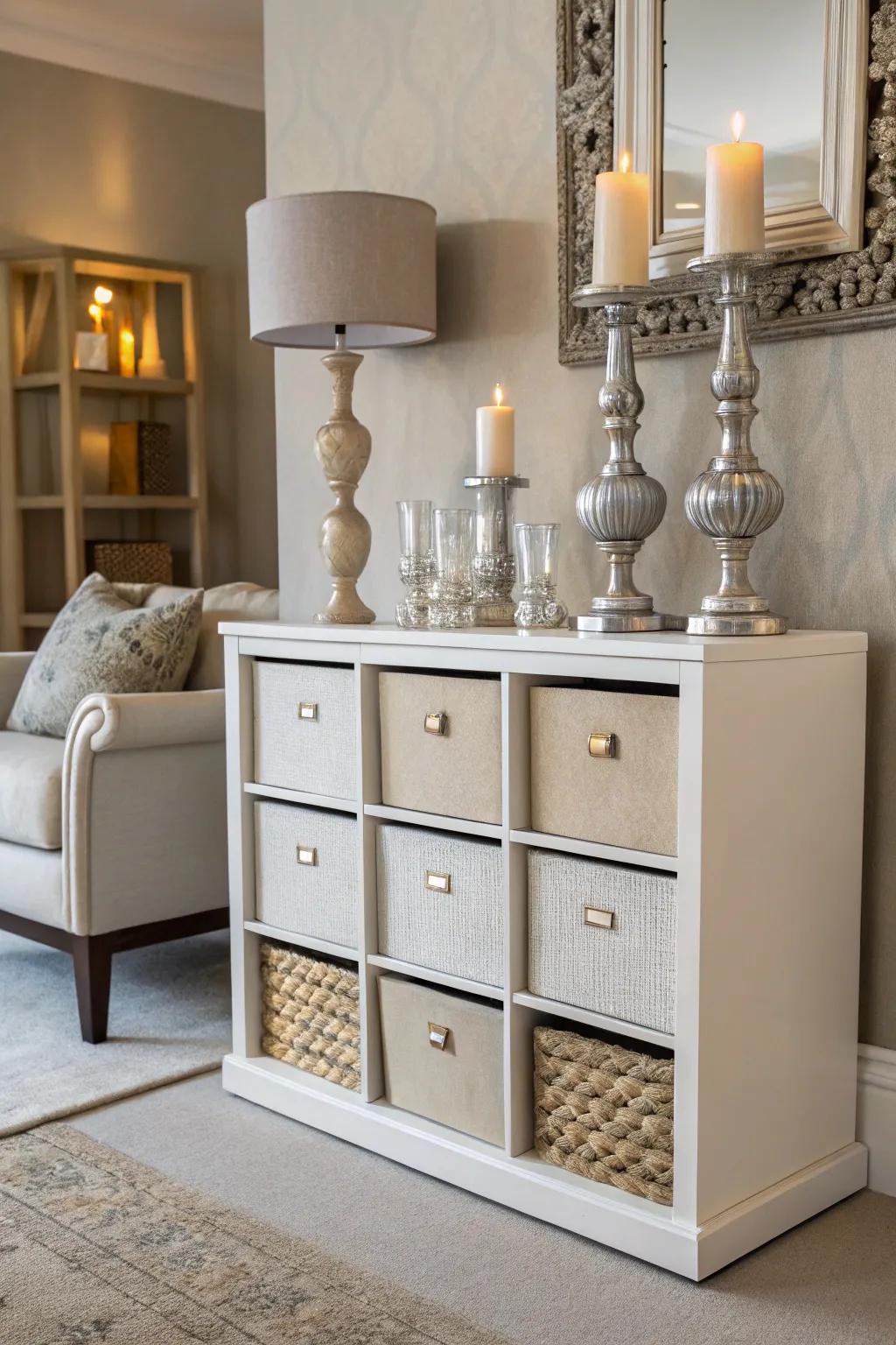 Elegant accents atop modular shelving add a sophisticated element.