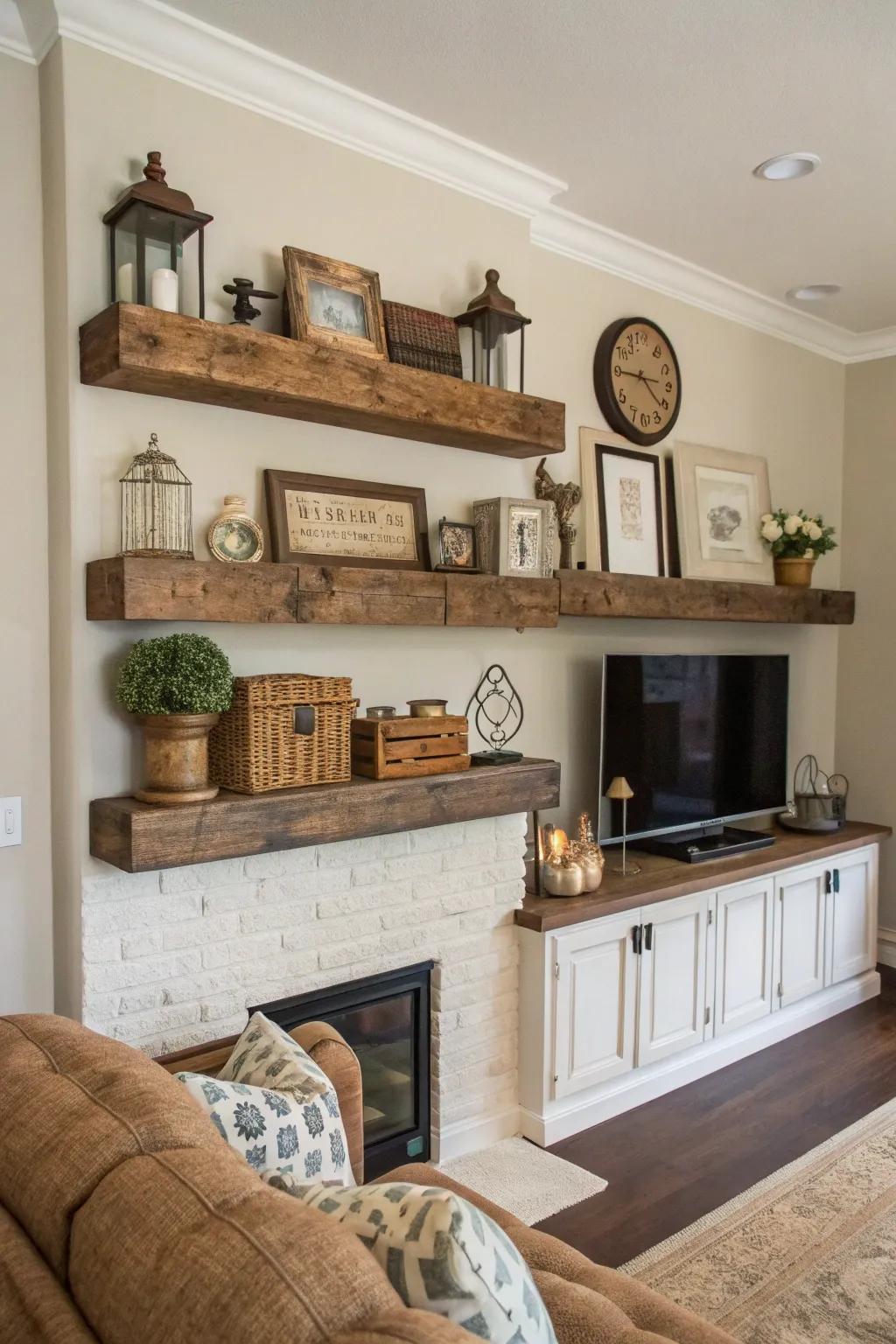 Introduce country panache by way of reprocessed wood shelves.