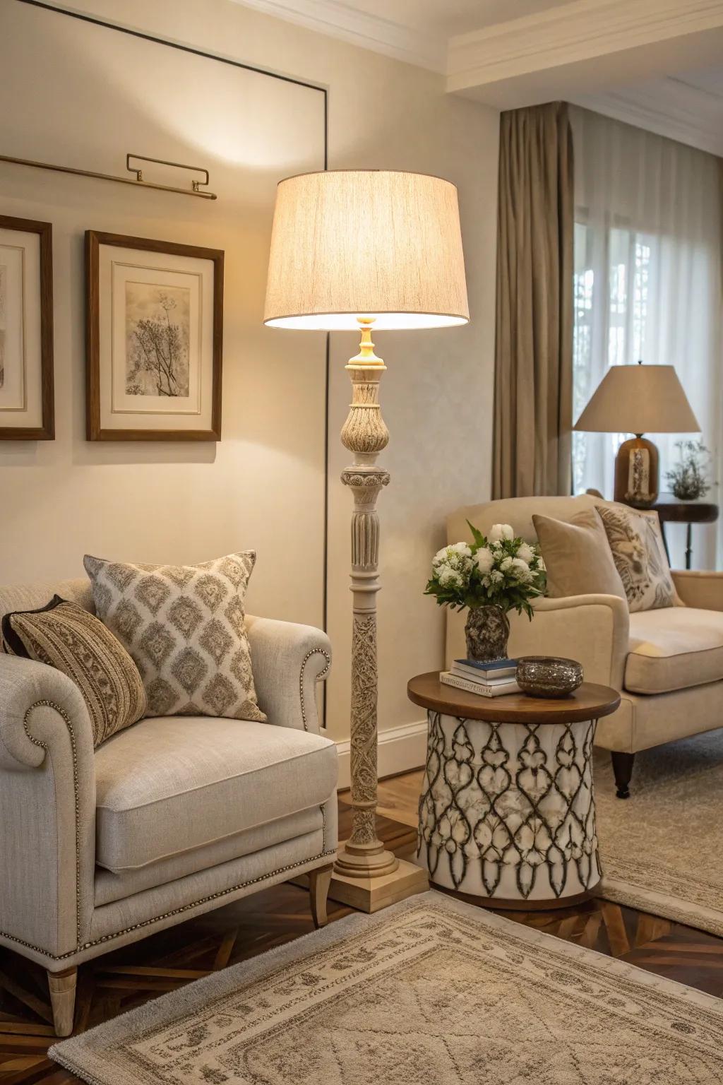 A neutral-toned family room featuring a subtle standing lamp.