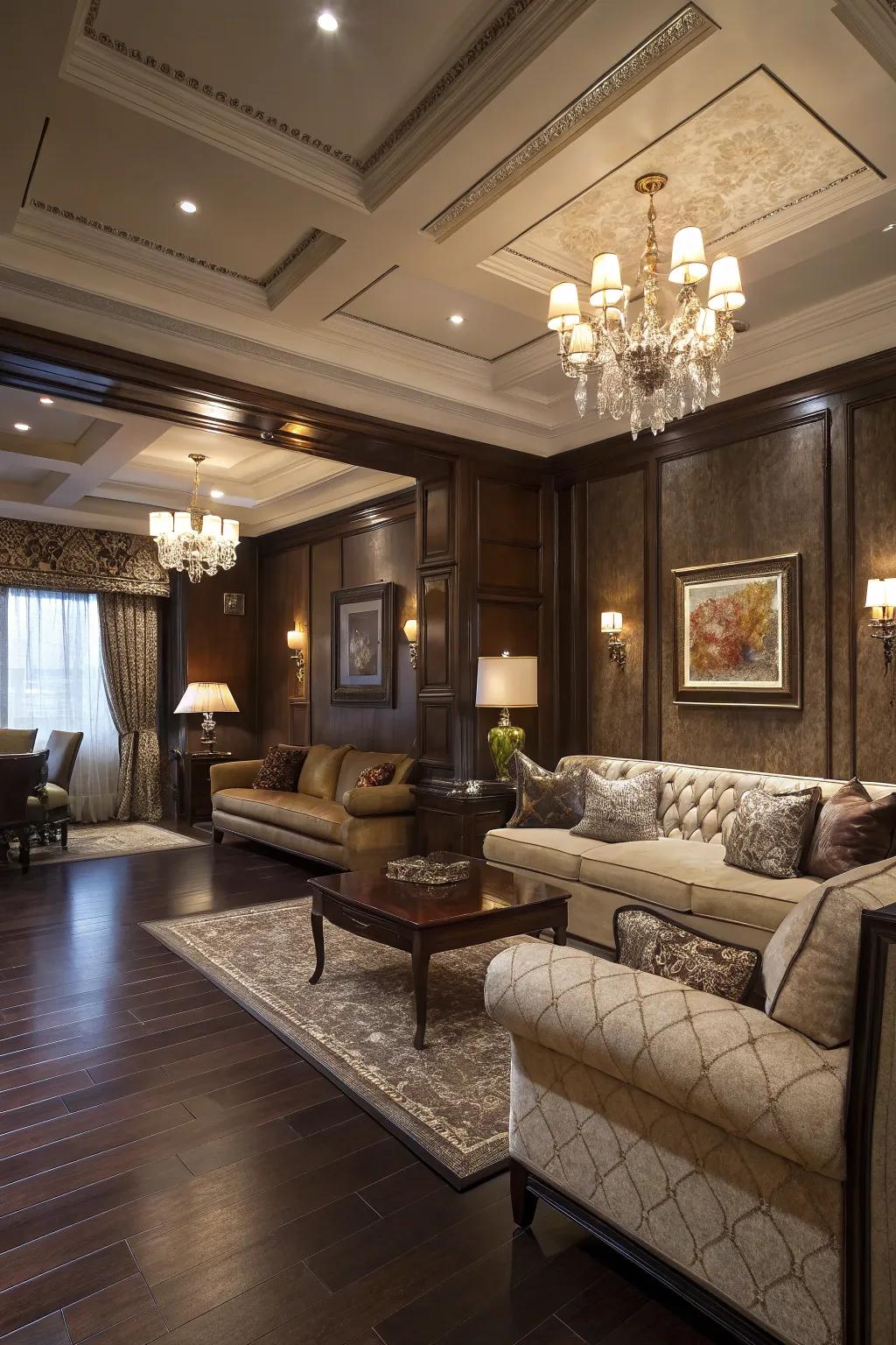 Shadowy lumber shades infuse drama and profundity within your family room blueprint.