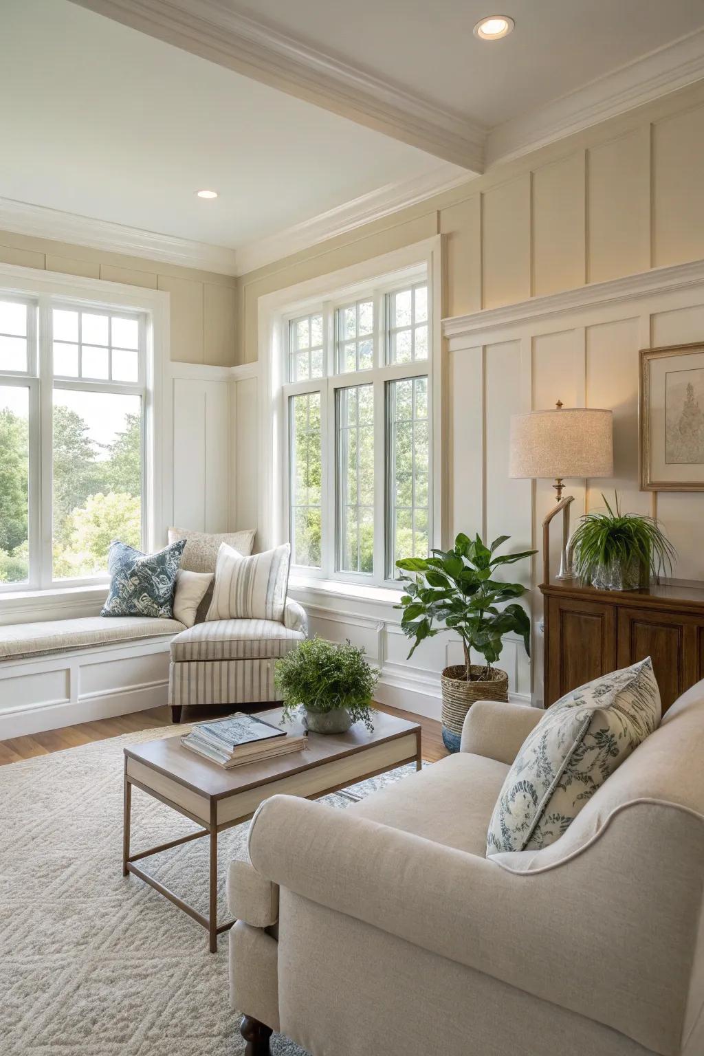 Create a tranquil living space through the use of neutral tones in your wall paneling.