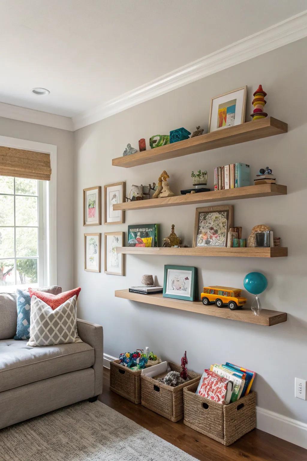 Floating shelves maximize wall space for storage.