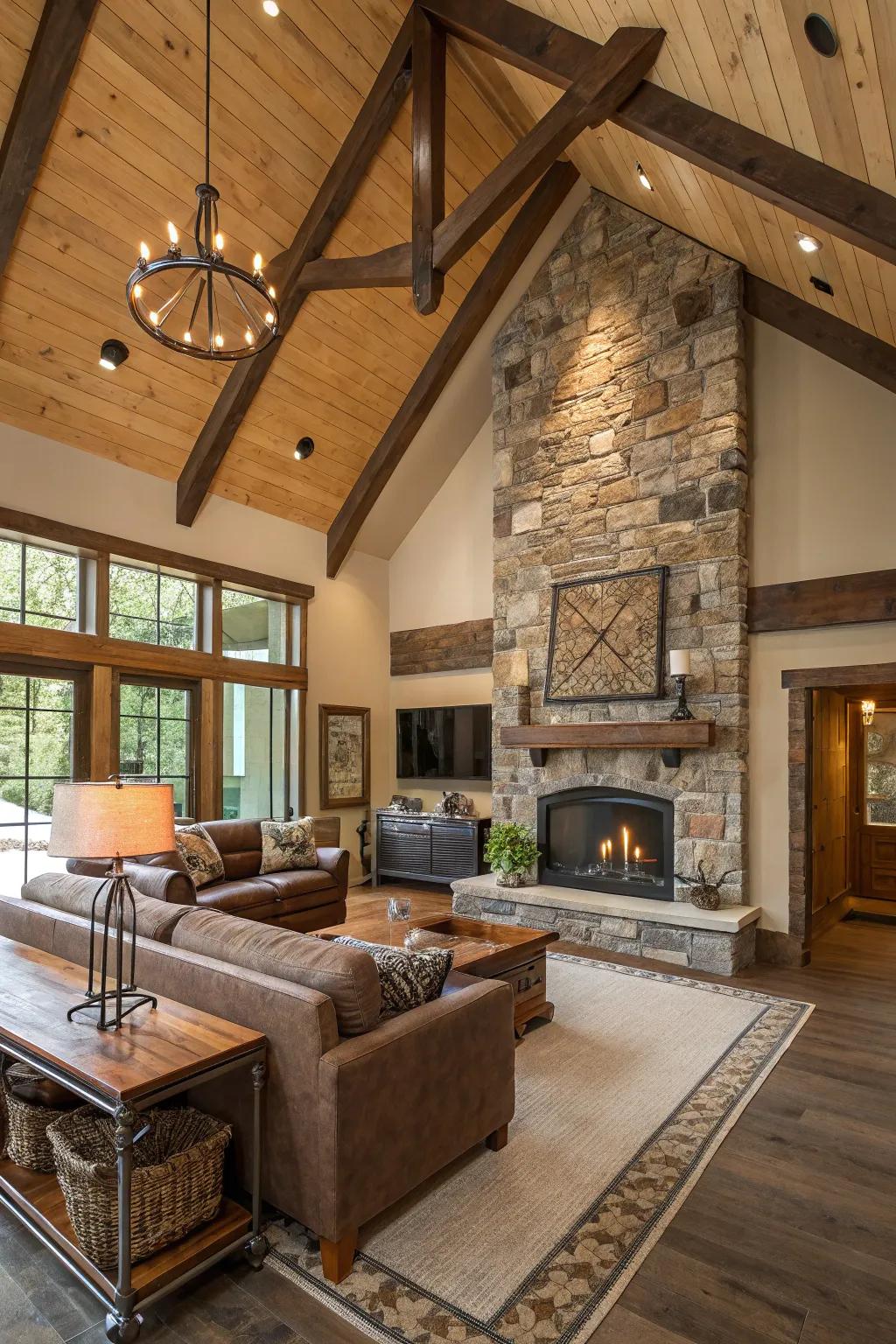 Mixed textures add depth to a vaulted ceiling living room.