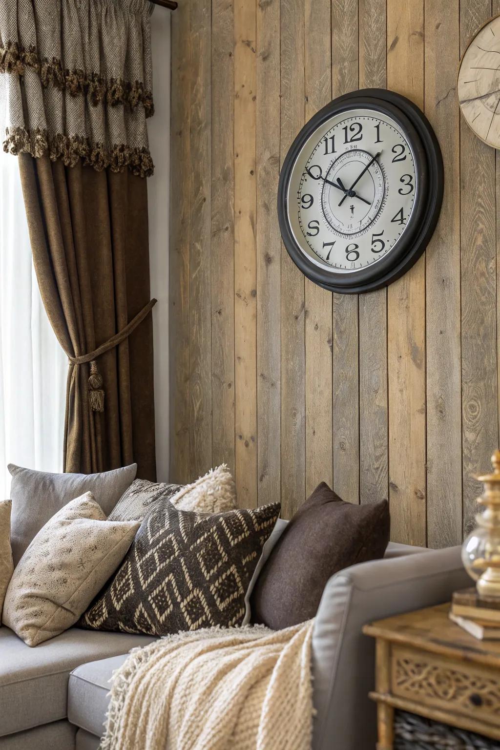 Positioning a wall clock against a textured backdrop introduces depth and visual interest.
