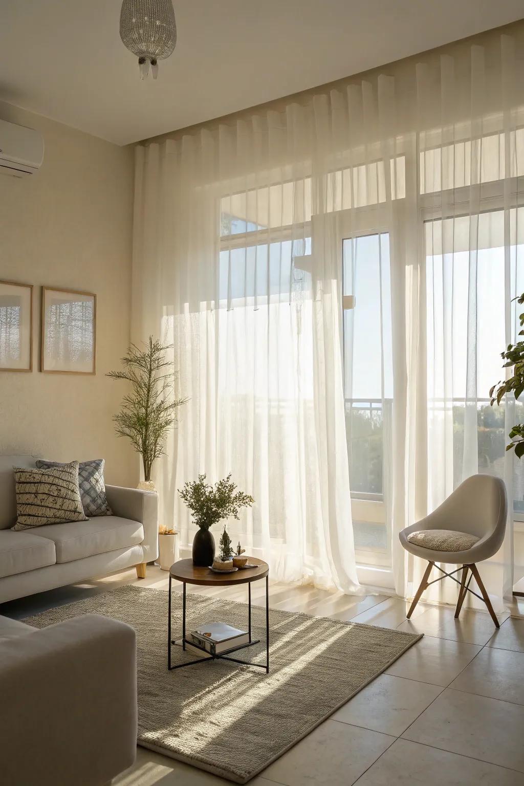 Gossamer drapes establishing a gentle, welcoming radiance within the family room.