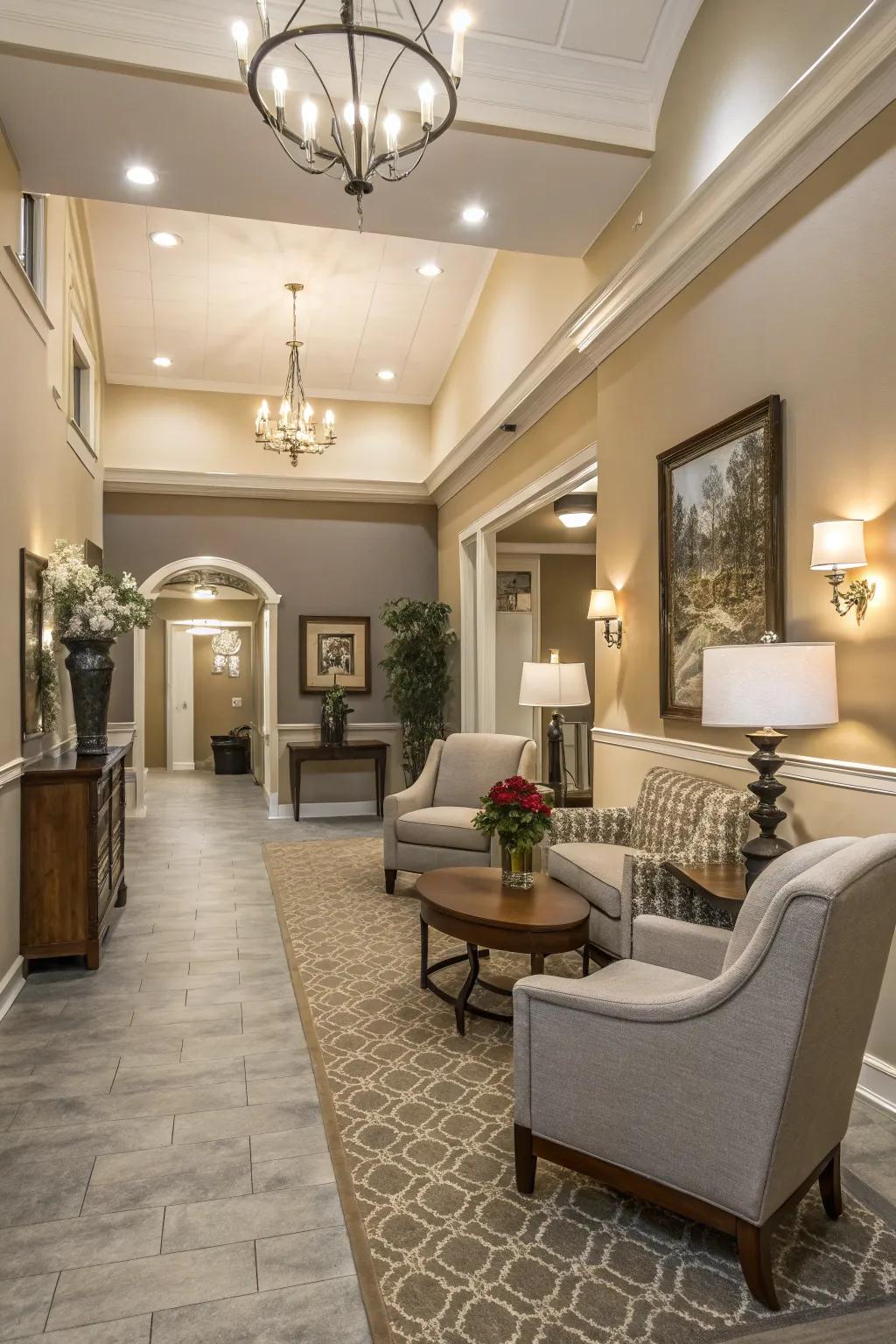 A peaceful lobby featuring a symmetrical color palette