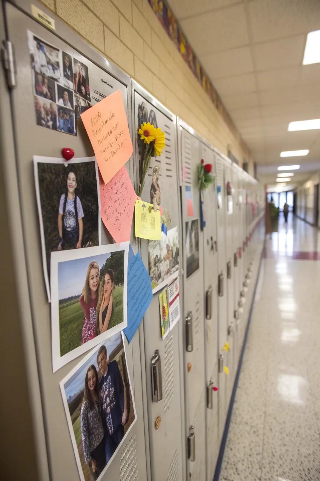 A locker decorated with personal photos and uplifting quotes for a distinctive touch.