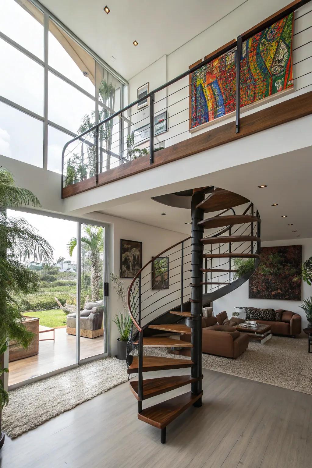 Eye-catching spiral staircase for loft access.