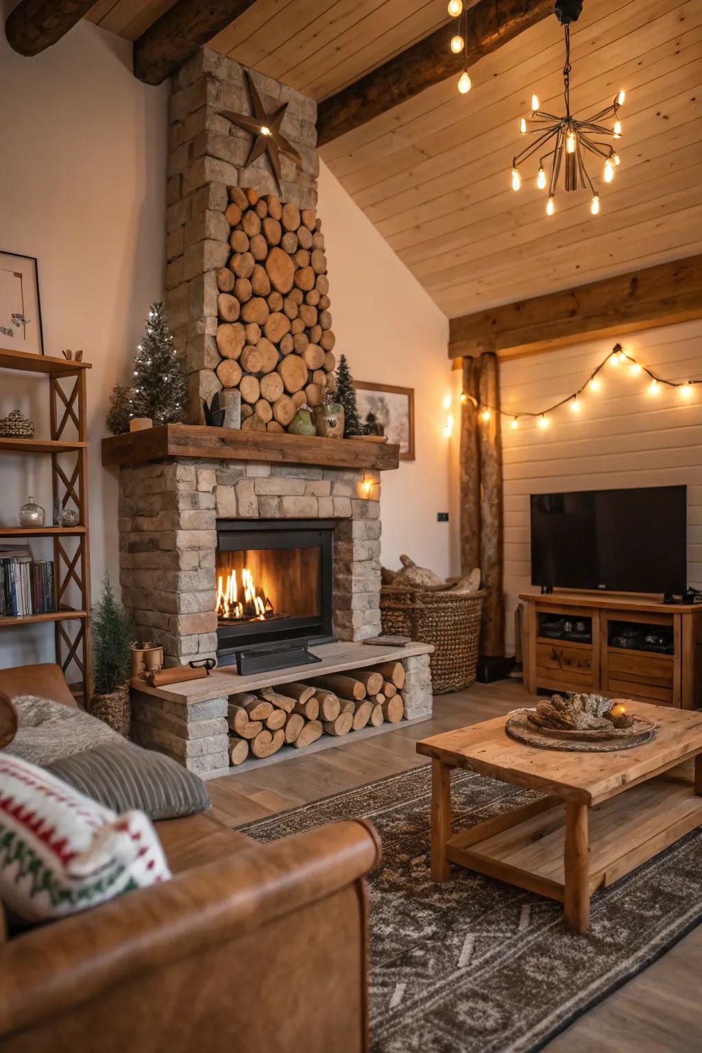 Logs enhancing the inviting atmosphere around a fireplace.
