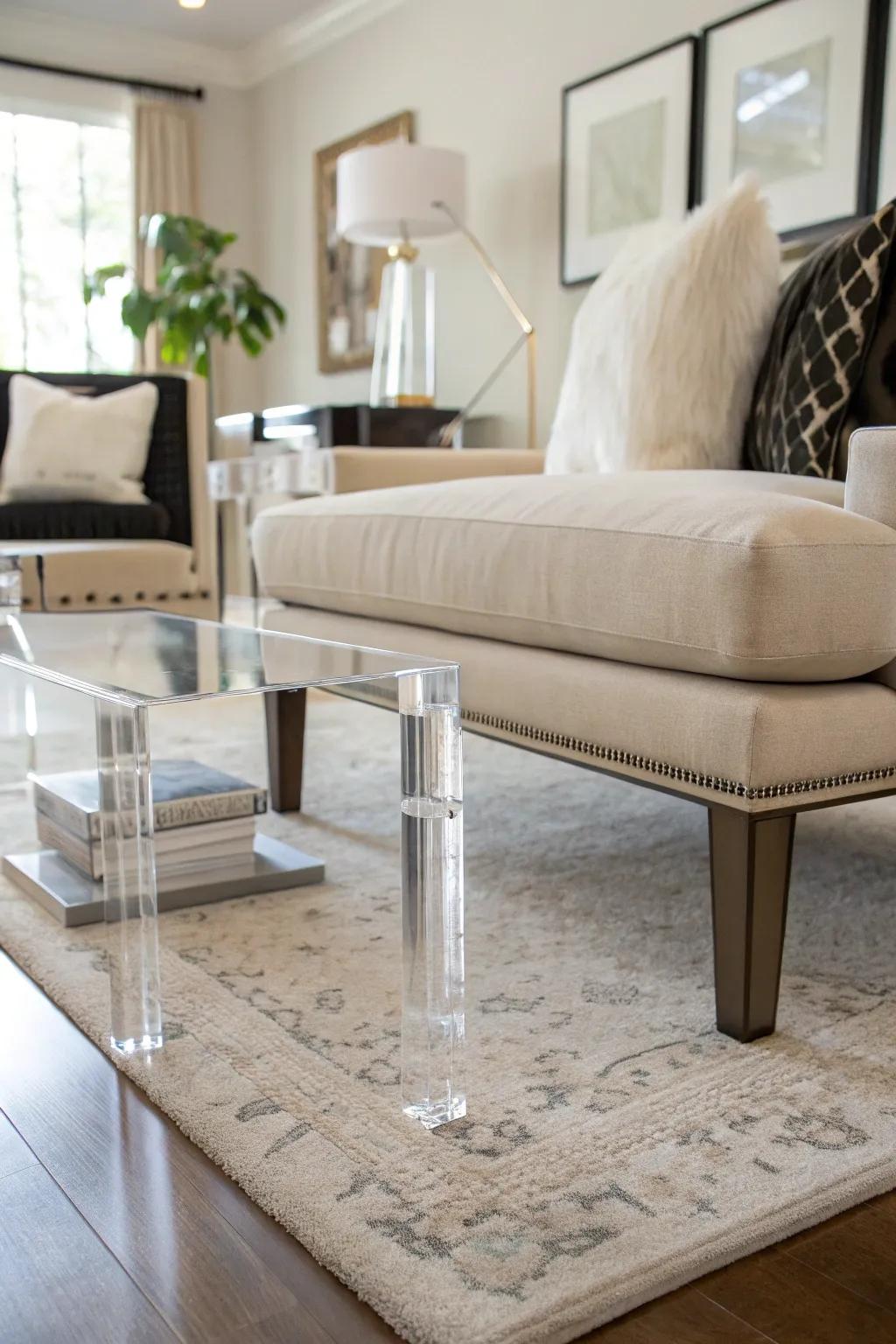 Lucite legs give furniture a floating look.