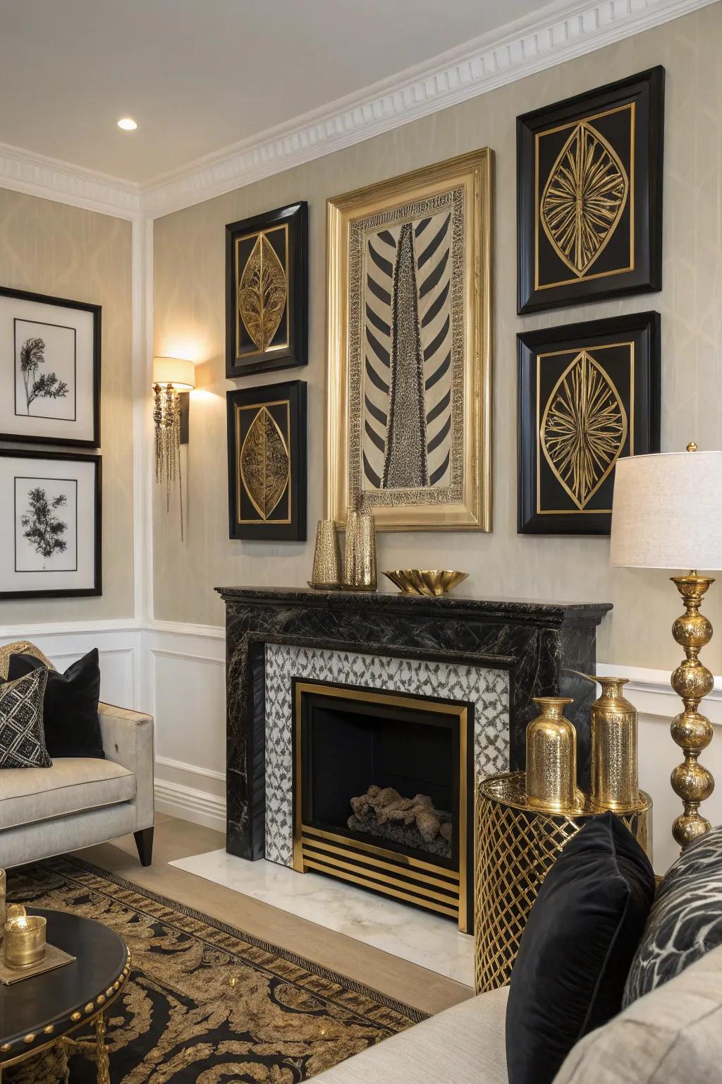 Striking onyx and glimmer artwork elevates the room&rsquo;s sophistication.