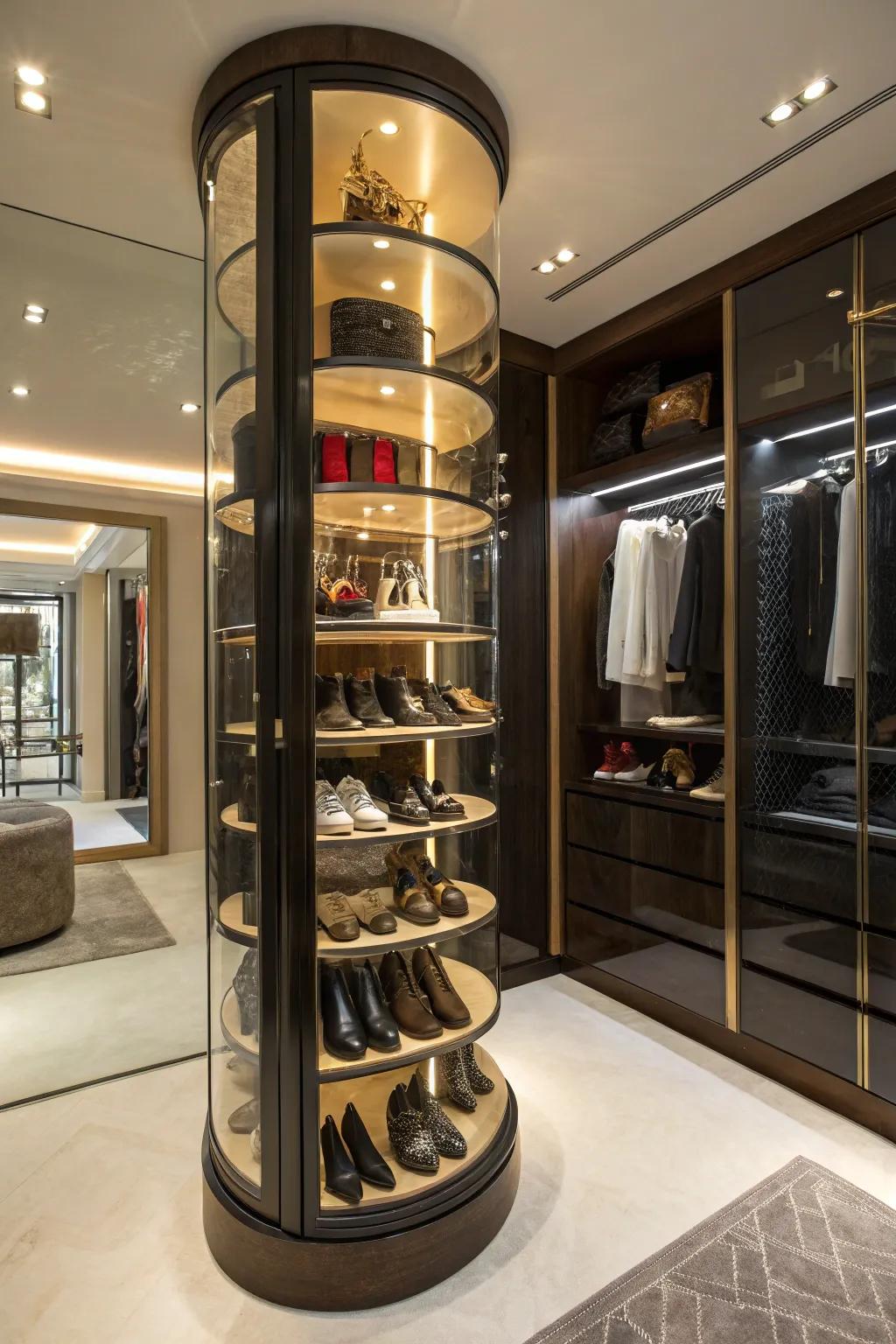 An innovative revolving shoe display for easy access.