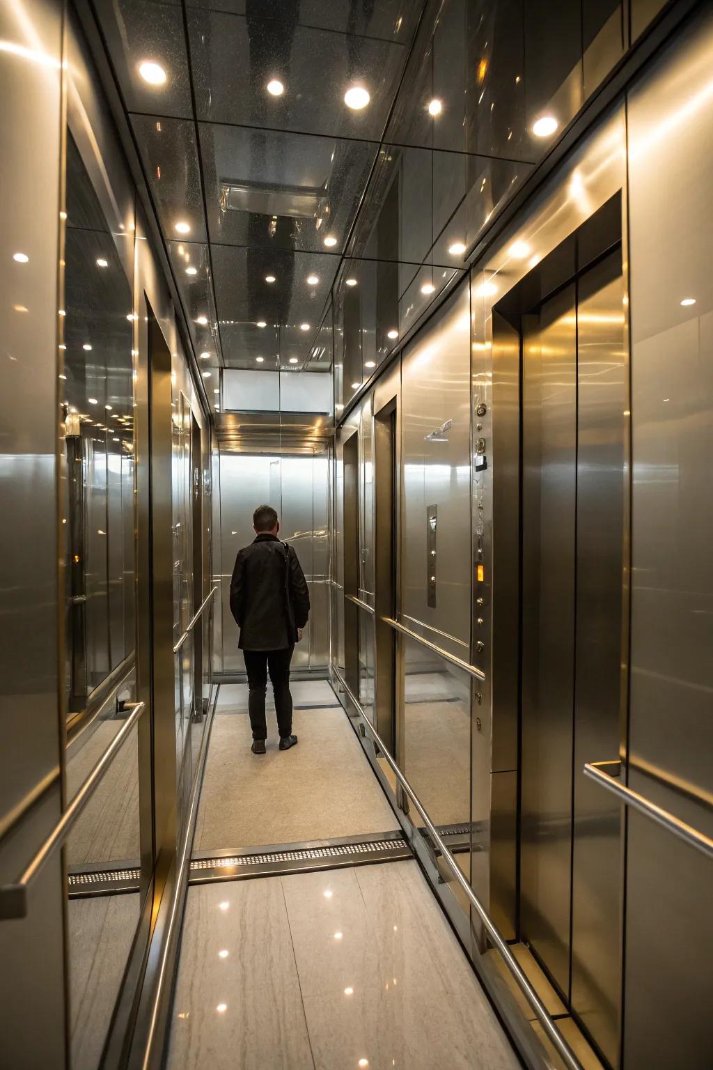 Mirrors boost the feeling of roominess and luxury within the elevator.