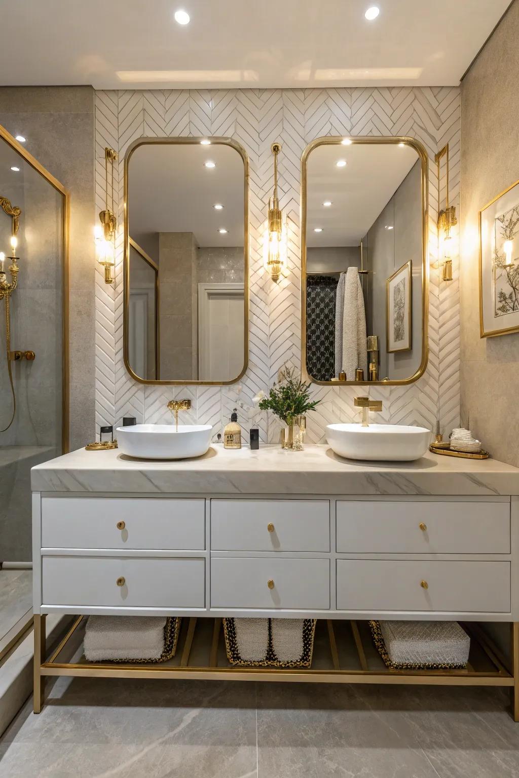 A contemporary bathroom featuring a spacious side-by-side sink space.