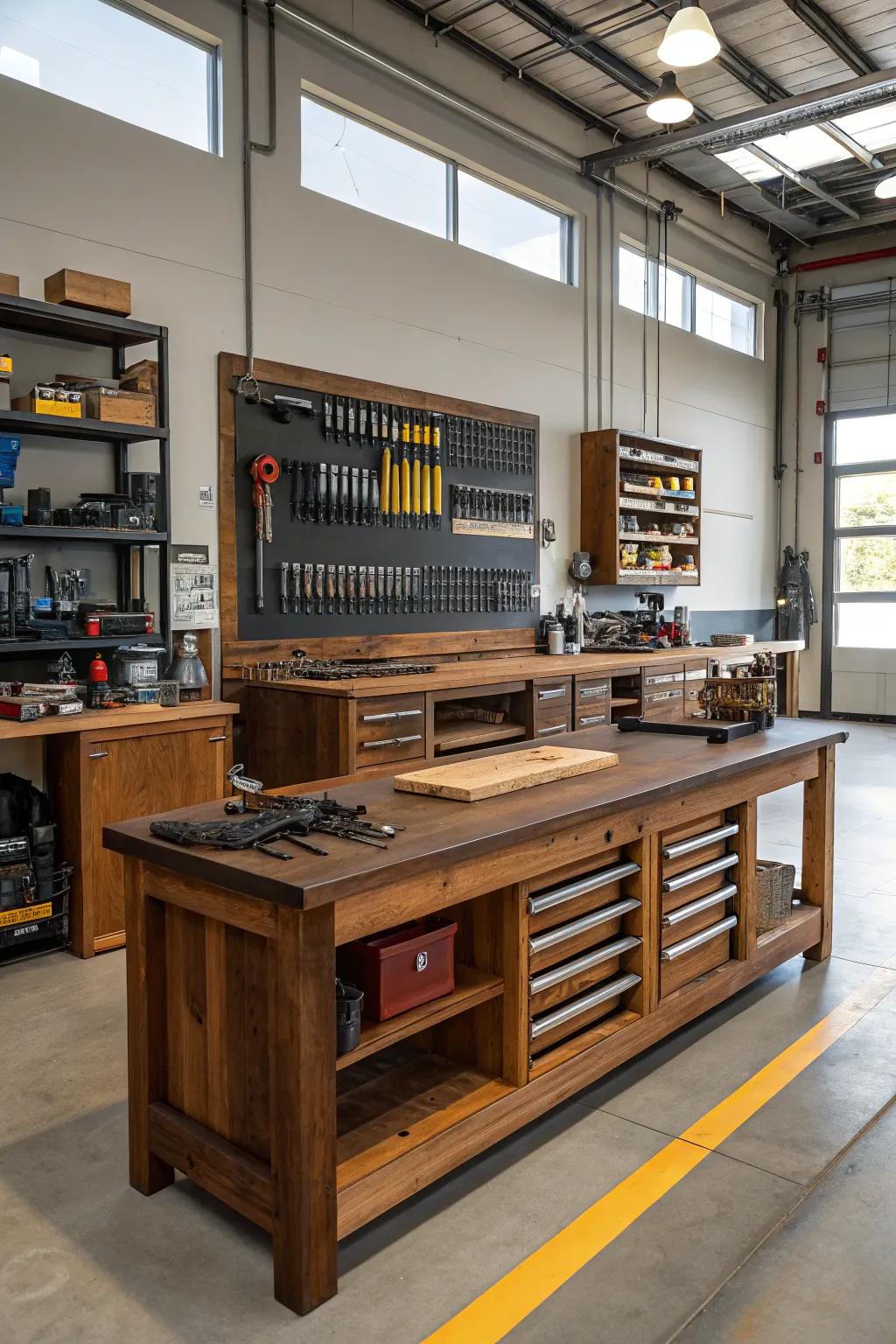 Embrace the skill of organization with a spacious and functional unrestricted arrangement in your workshop.
