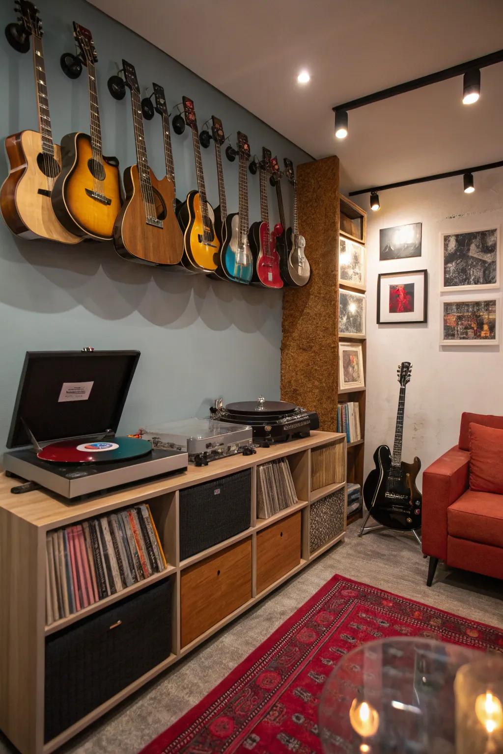 Discover your rhythm within a music-inspired man cave.