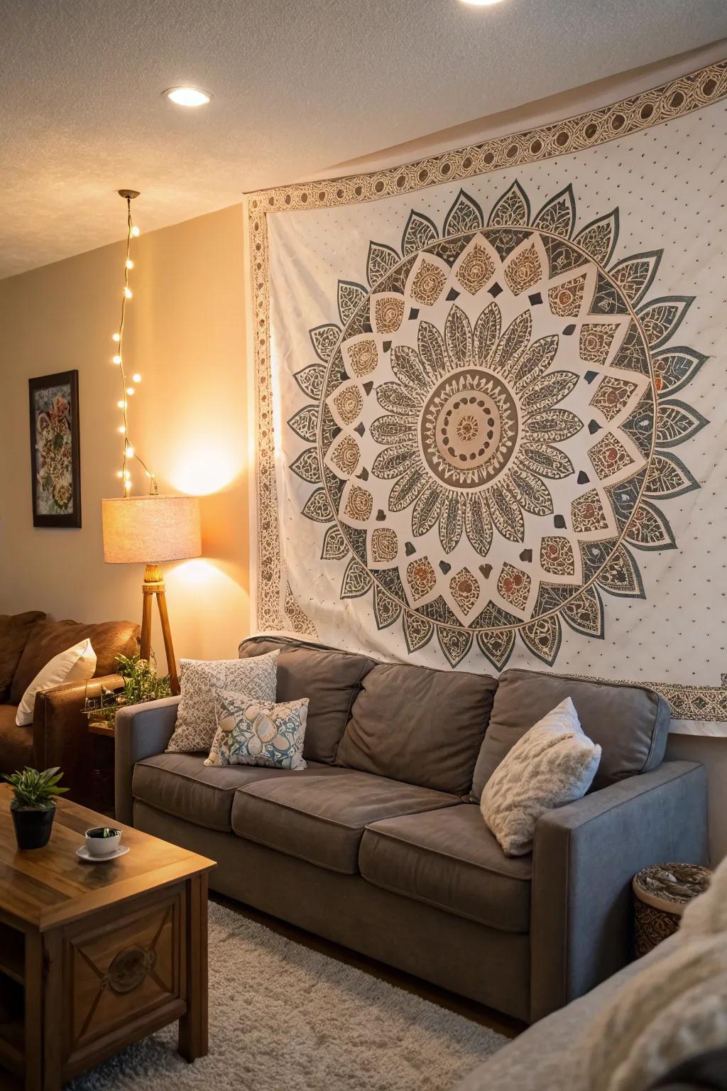 A varied media mandala pattern featuring textural elements adding depth to a living room.