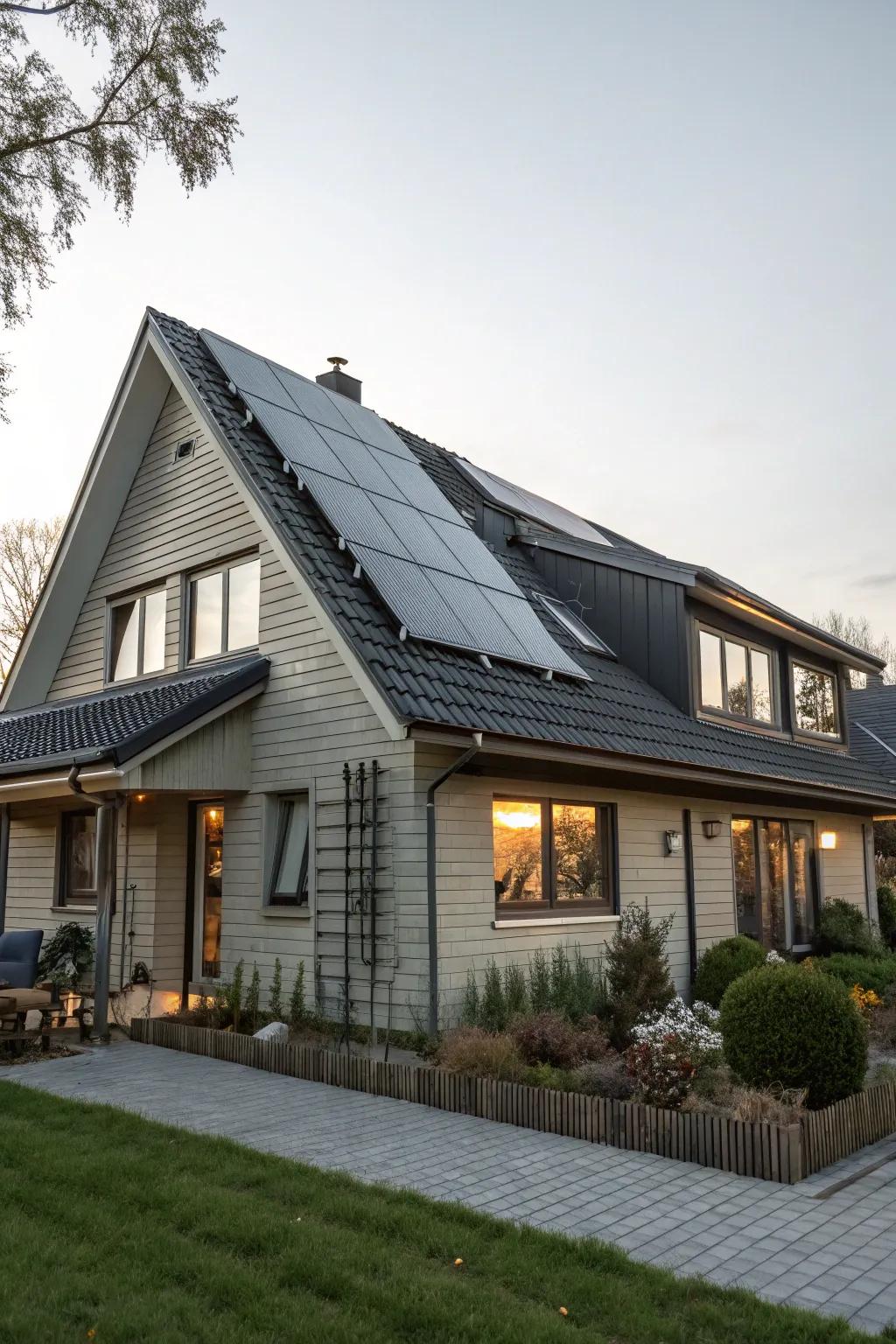 Photovoltaic panels atop this mansard roof propose a sustainable resolution.