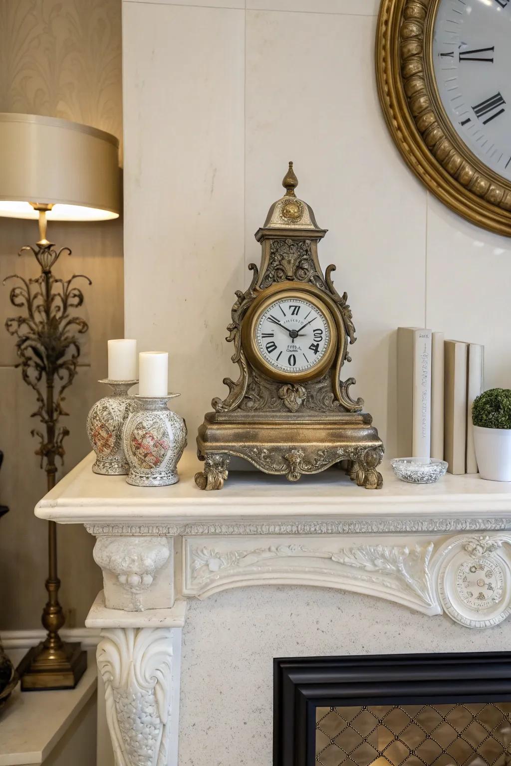A stylish clock provides a classic and functional focal point to the mantel.