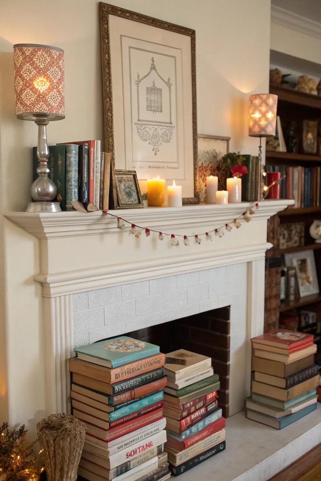 Books can add warmth and personality to a mantel.