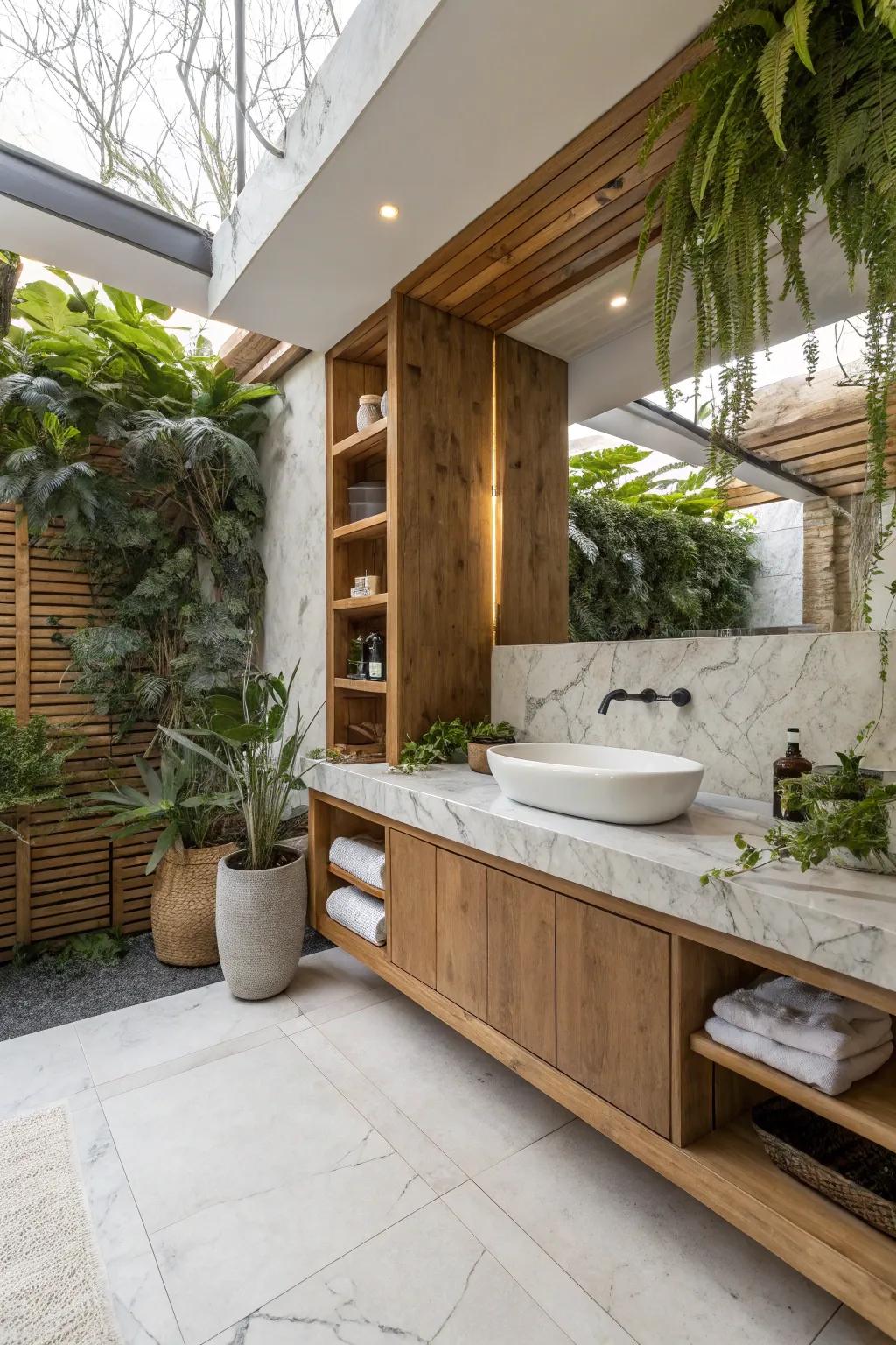 Natural elements like wood and flora complement the marble's coolness.