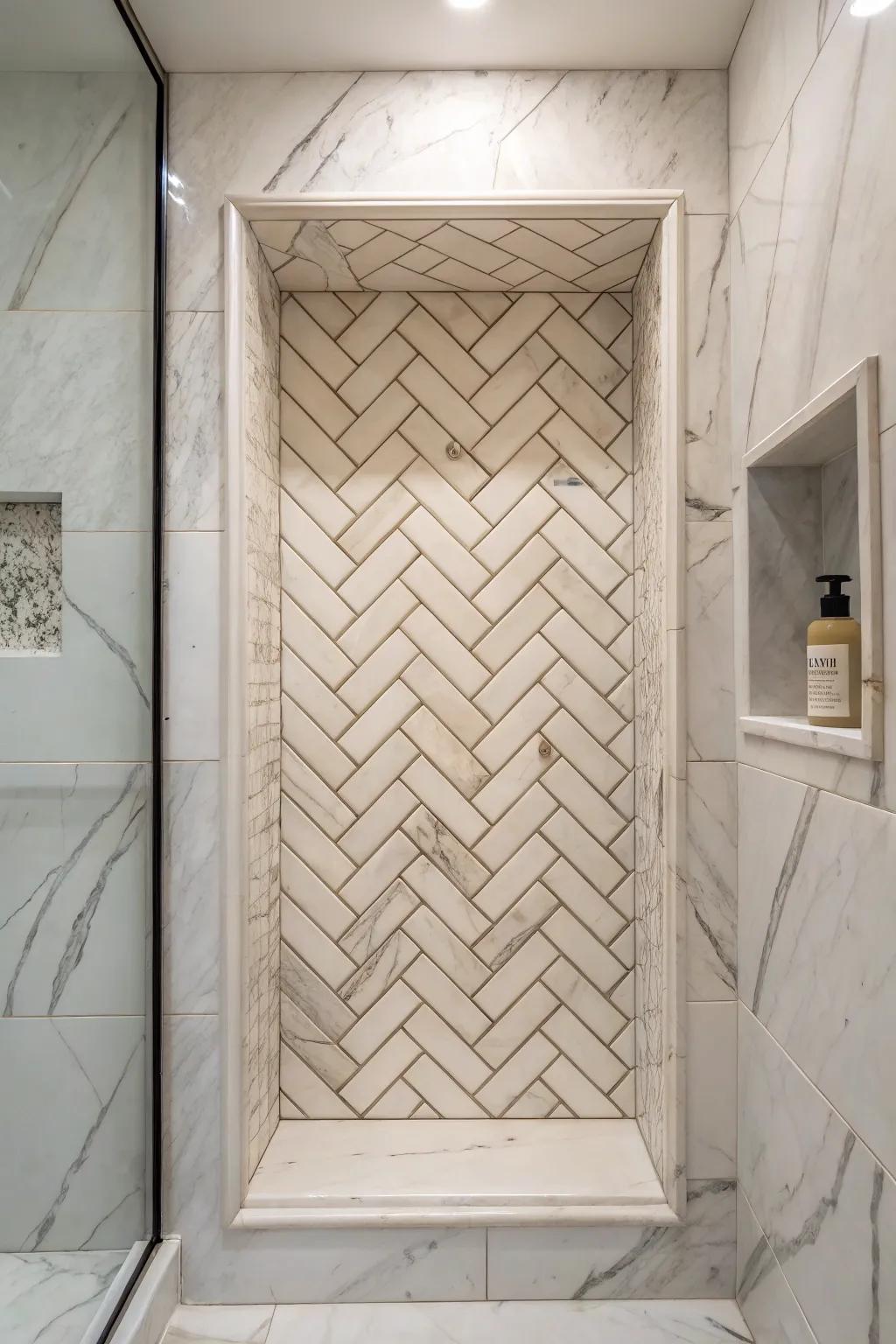 Angular tiles add dynamic movement within a stone alcove.
