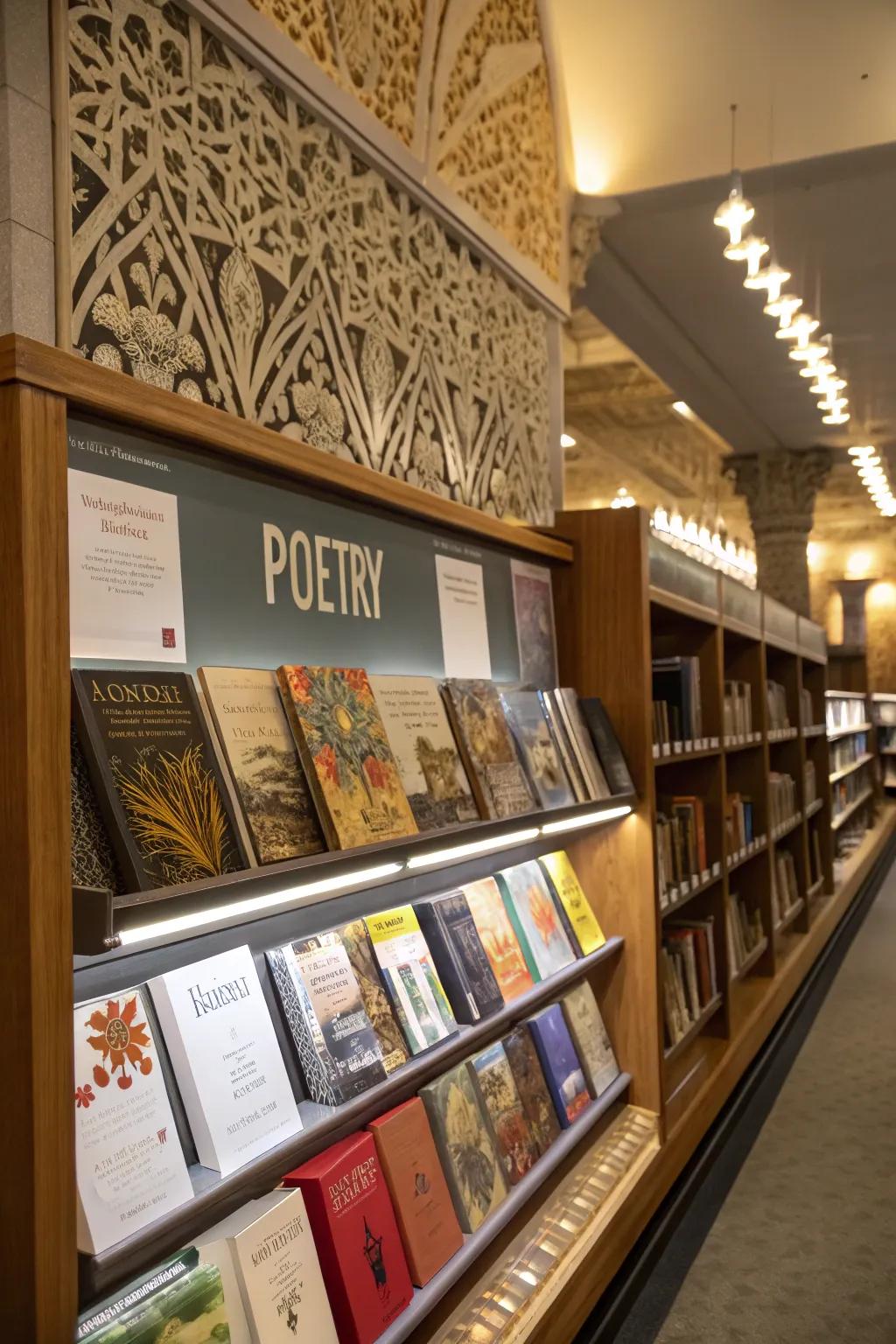 A creative display for World Poetry Day with poetry collections and art.