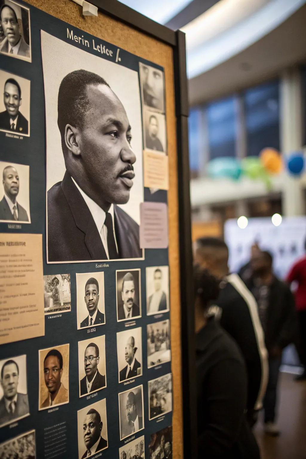 Diverse civil rights figures stand united around MLK's image.