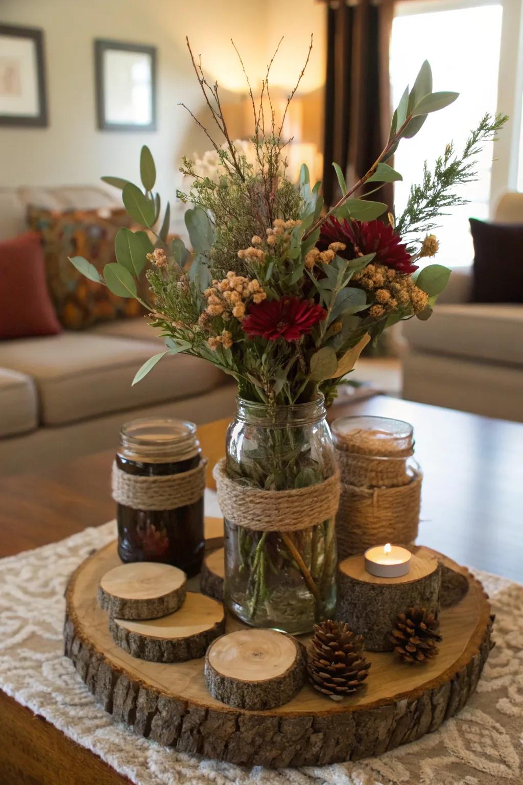 Use glass preserving jars and natural things to make a country setting.