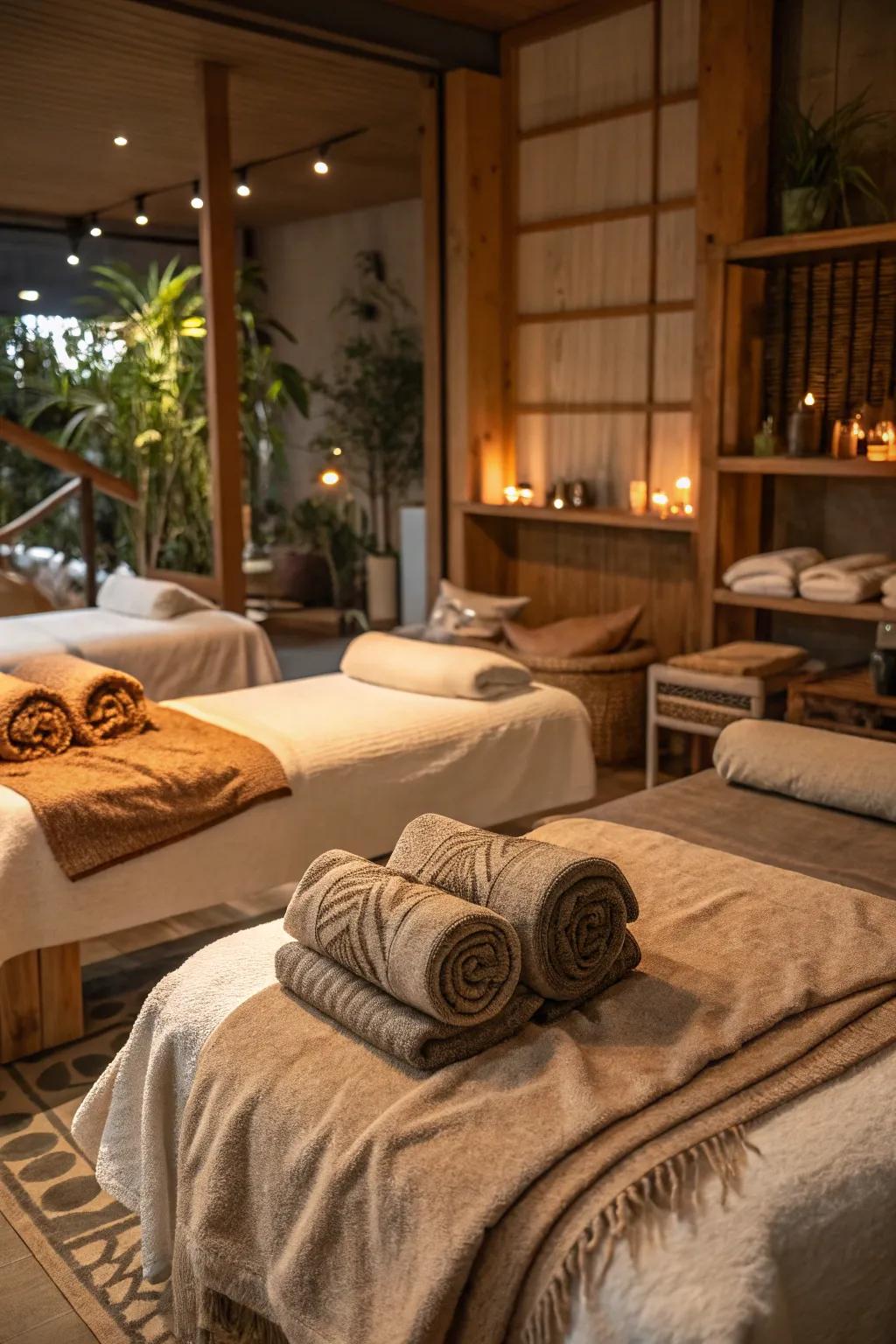 A massage room displaying a combination of delicate textiles and materials.