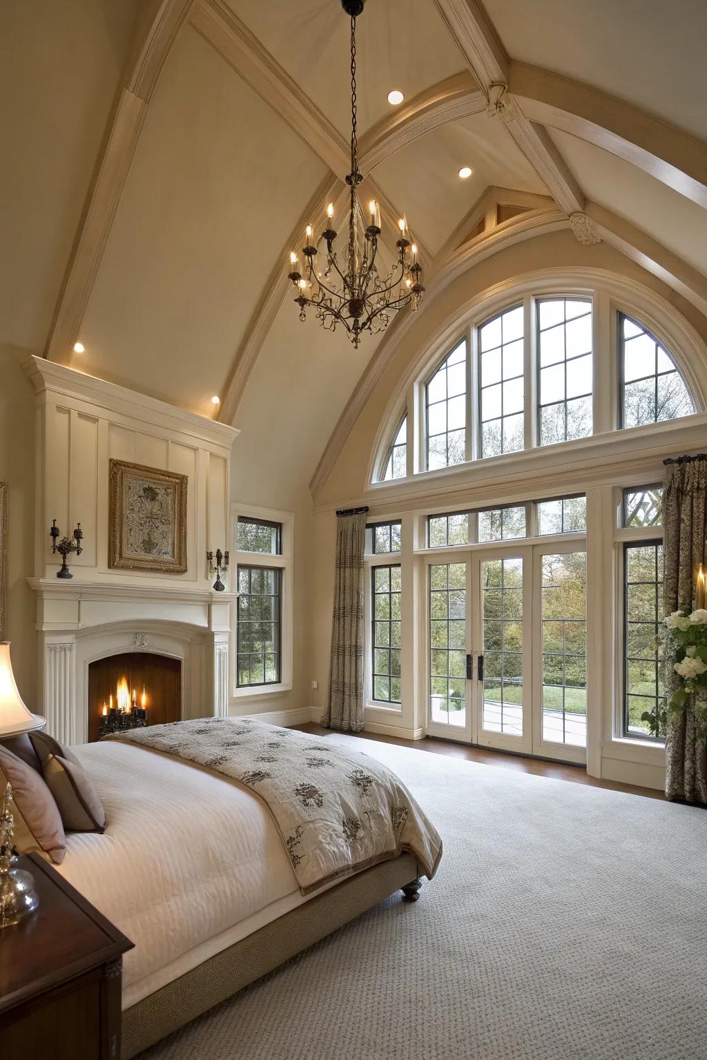 Structural details like vaulted ceilings enhance the hearth's presence.