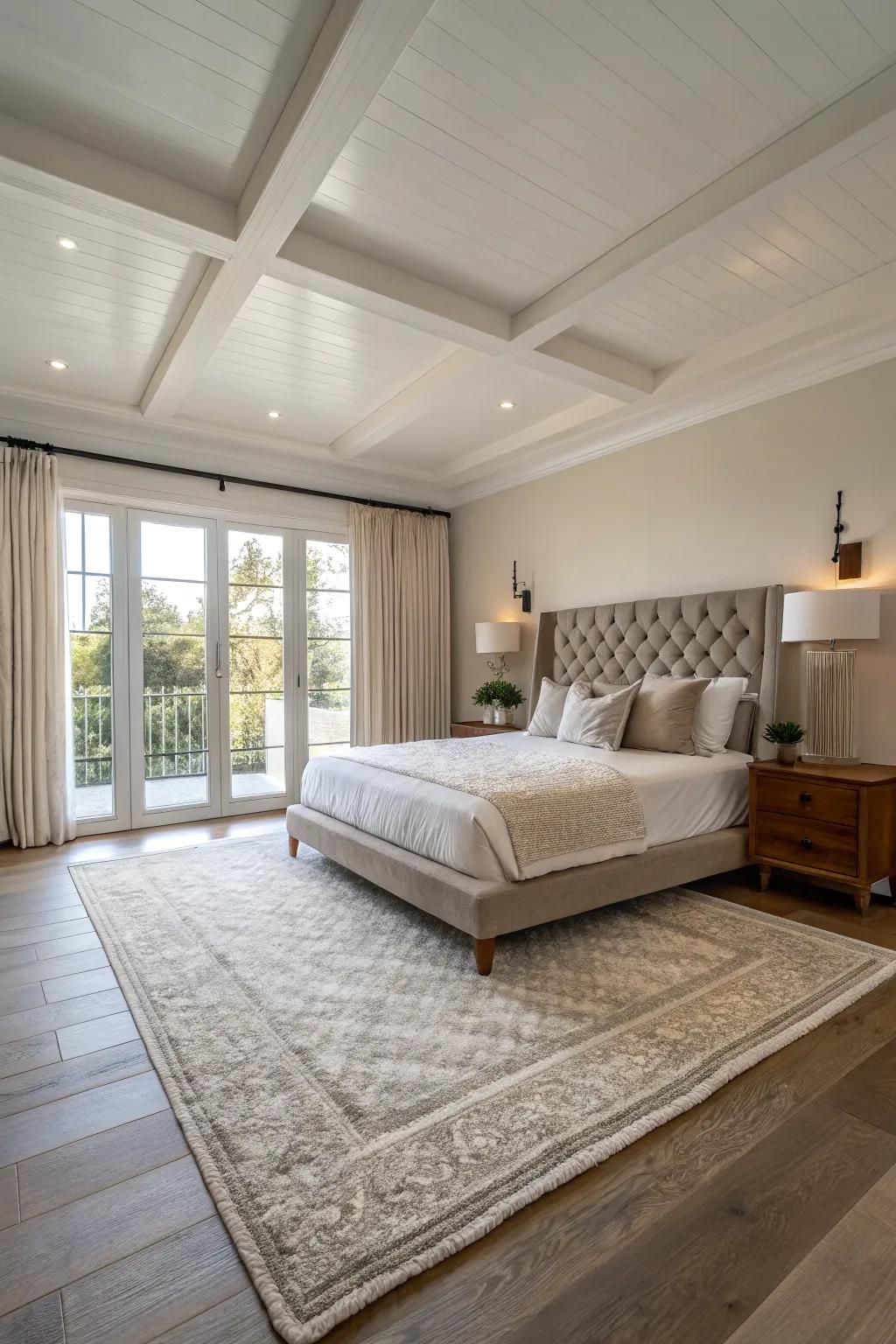 A floating bed arrangement imparts a modern, expansive vibe.
