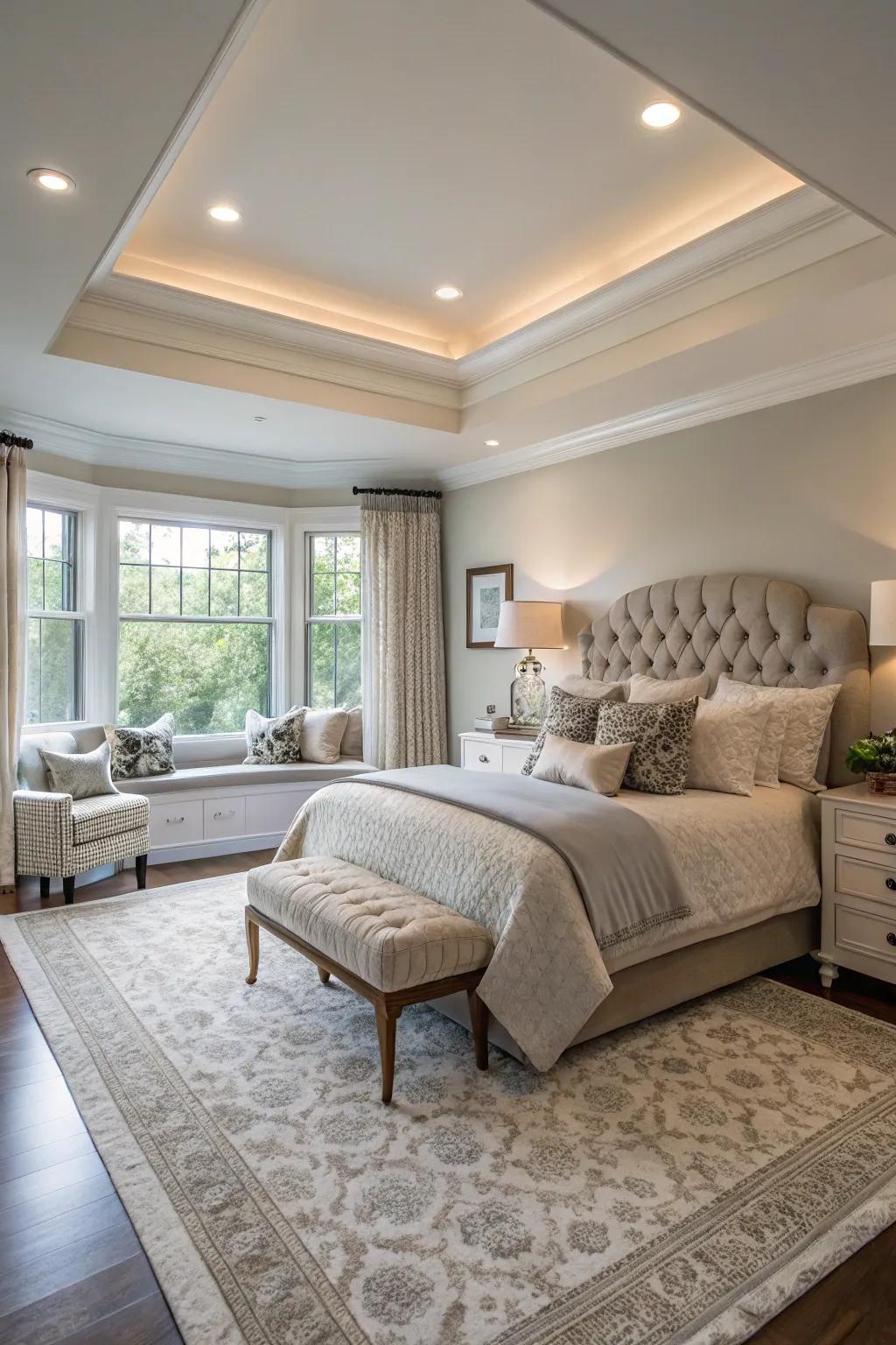 A well-coordinated room draws attention to the beauty of your stepped ceiling.