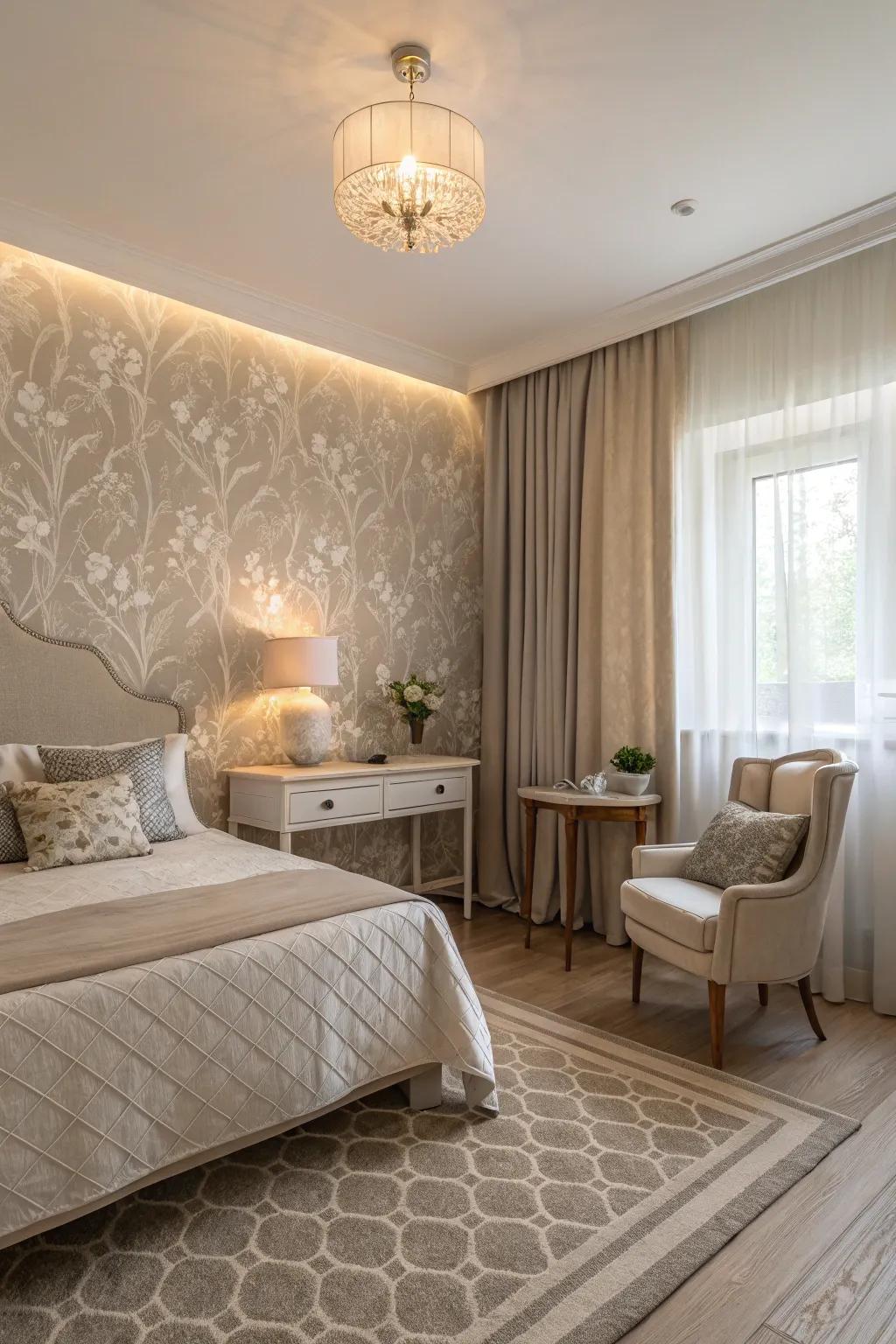 Tone-on-tone wallpaper creates a tranquil bedroom atmosphere.