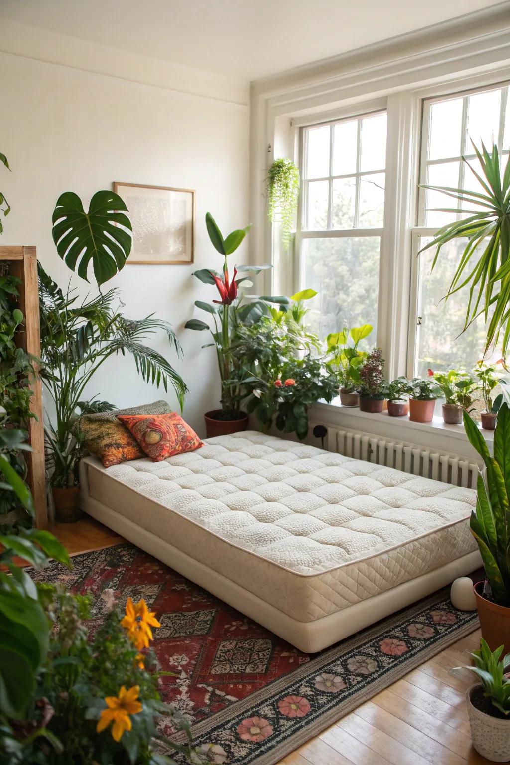 Develop a nature-inspired escape with greenery and sunlight.