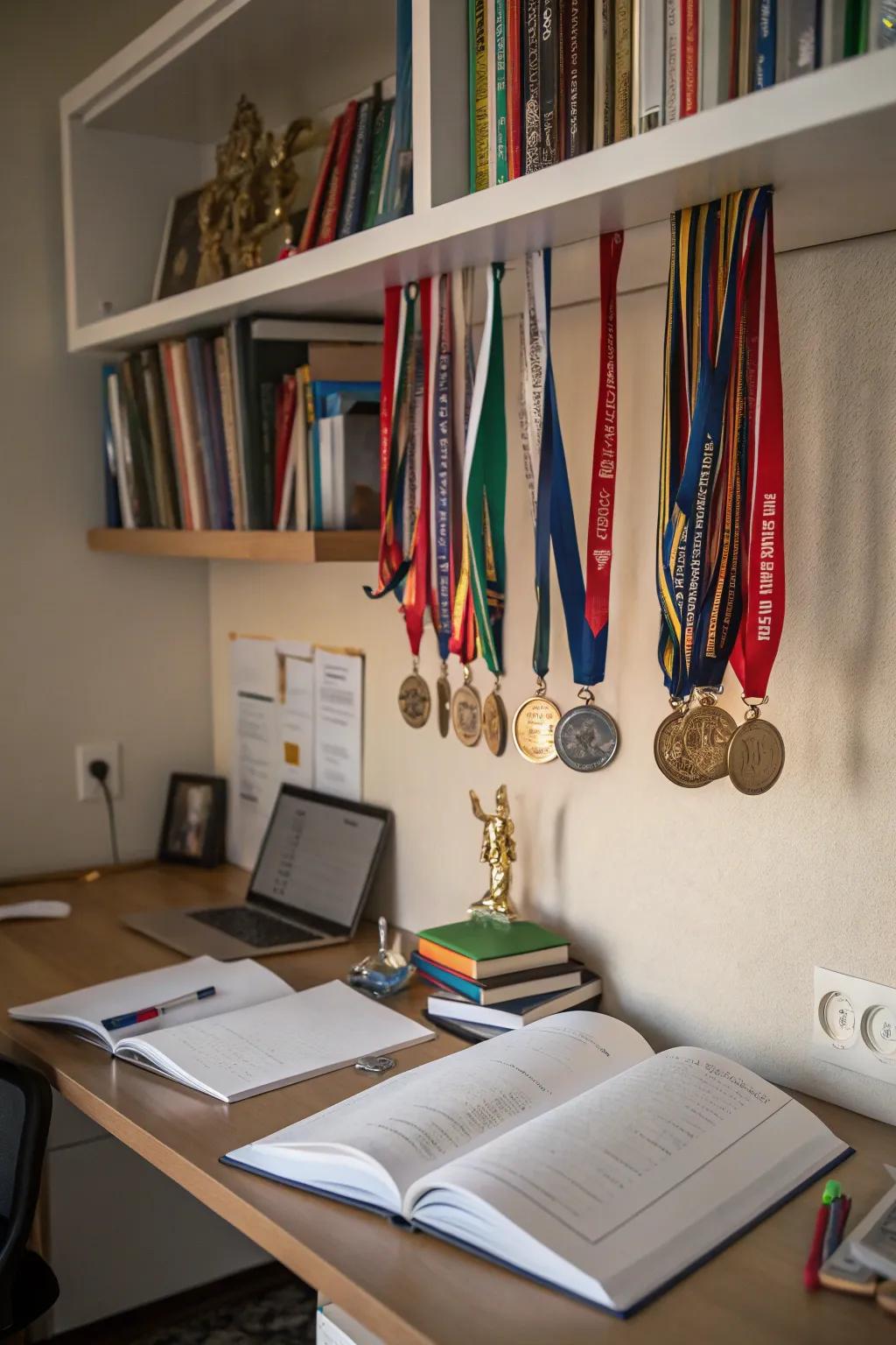 Make the most of space using sub-shelf medal displays.