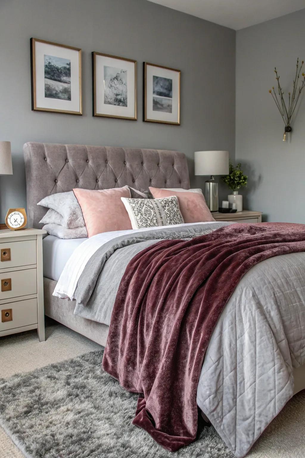 Opulent bedding and velour throws infuse texture into this comforting grey bedroom.