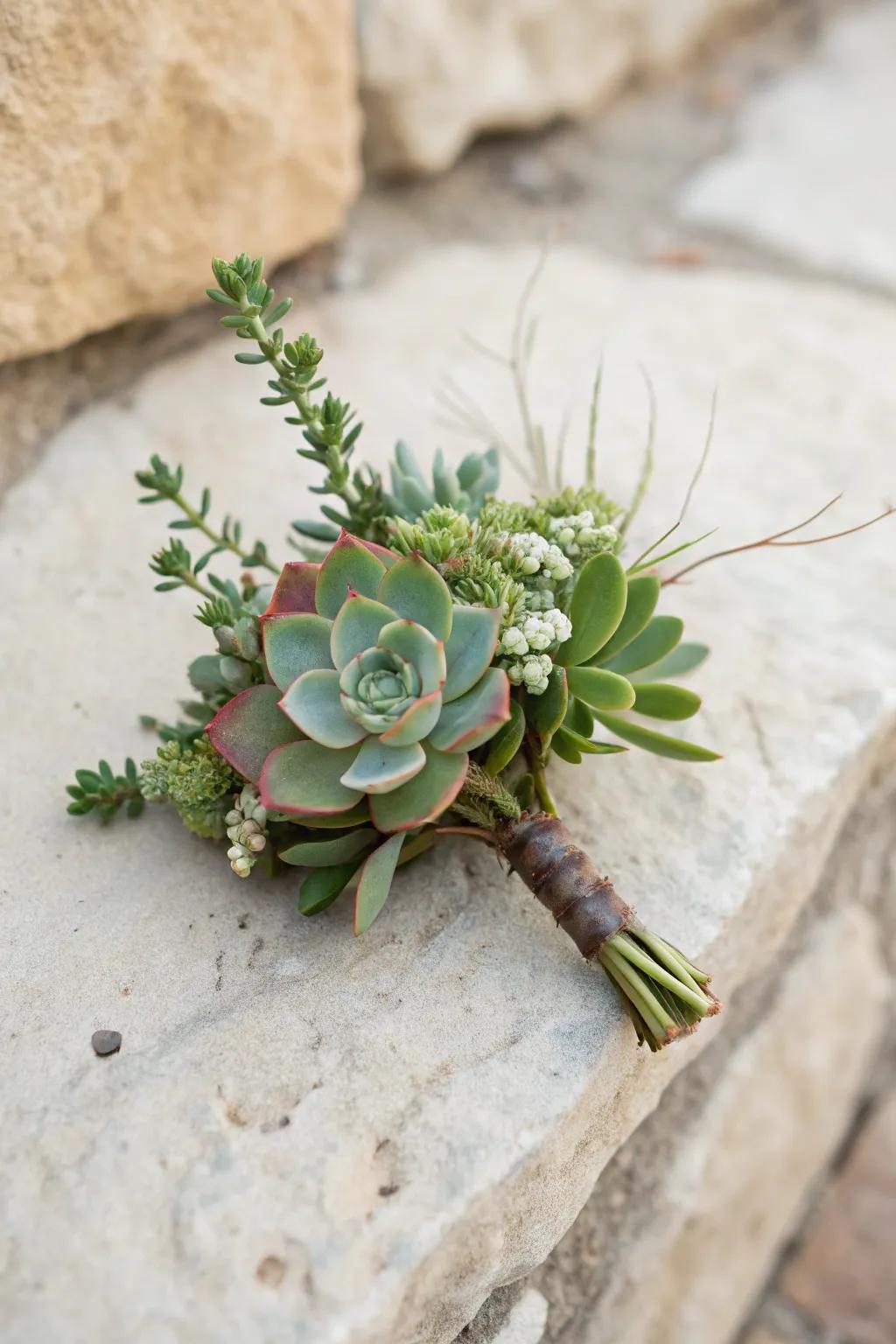 A thick leaf boutonniere has an up-to-date and distinct appeal.