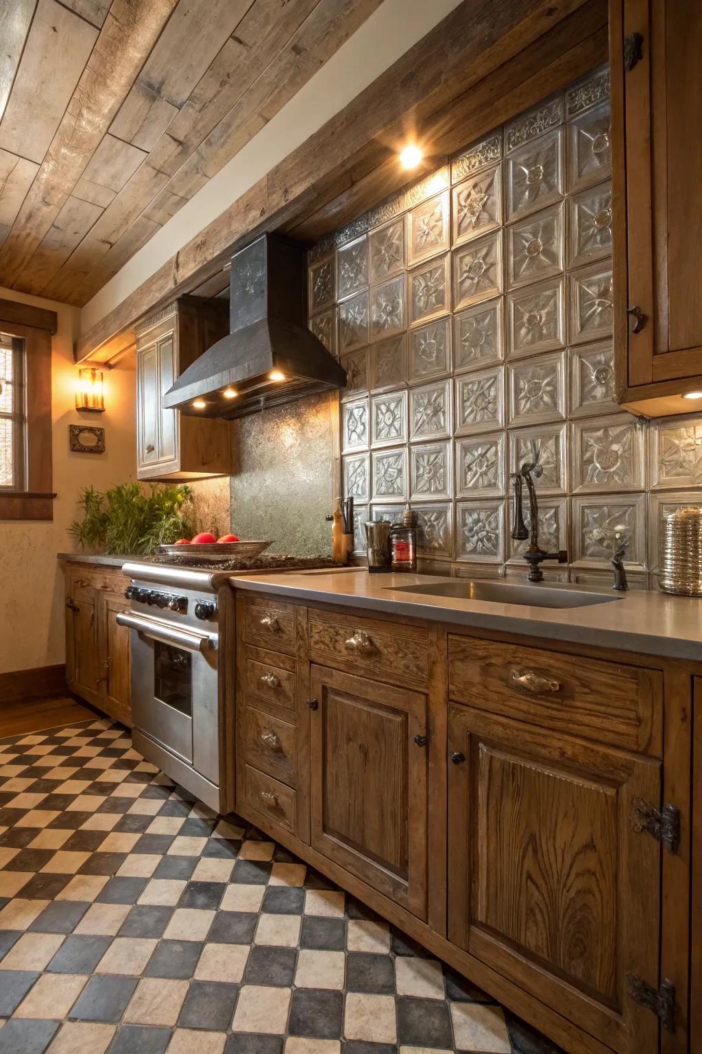A rustic kitchen highlighting a tin metal backsplash.