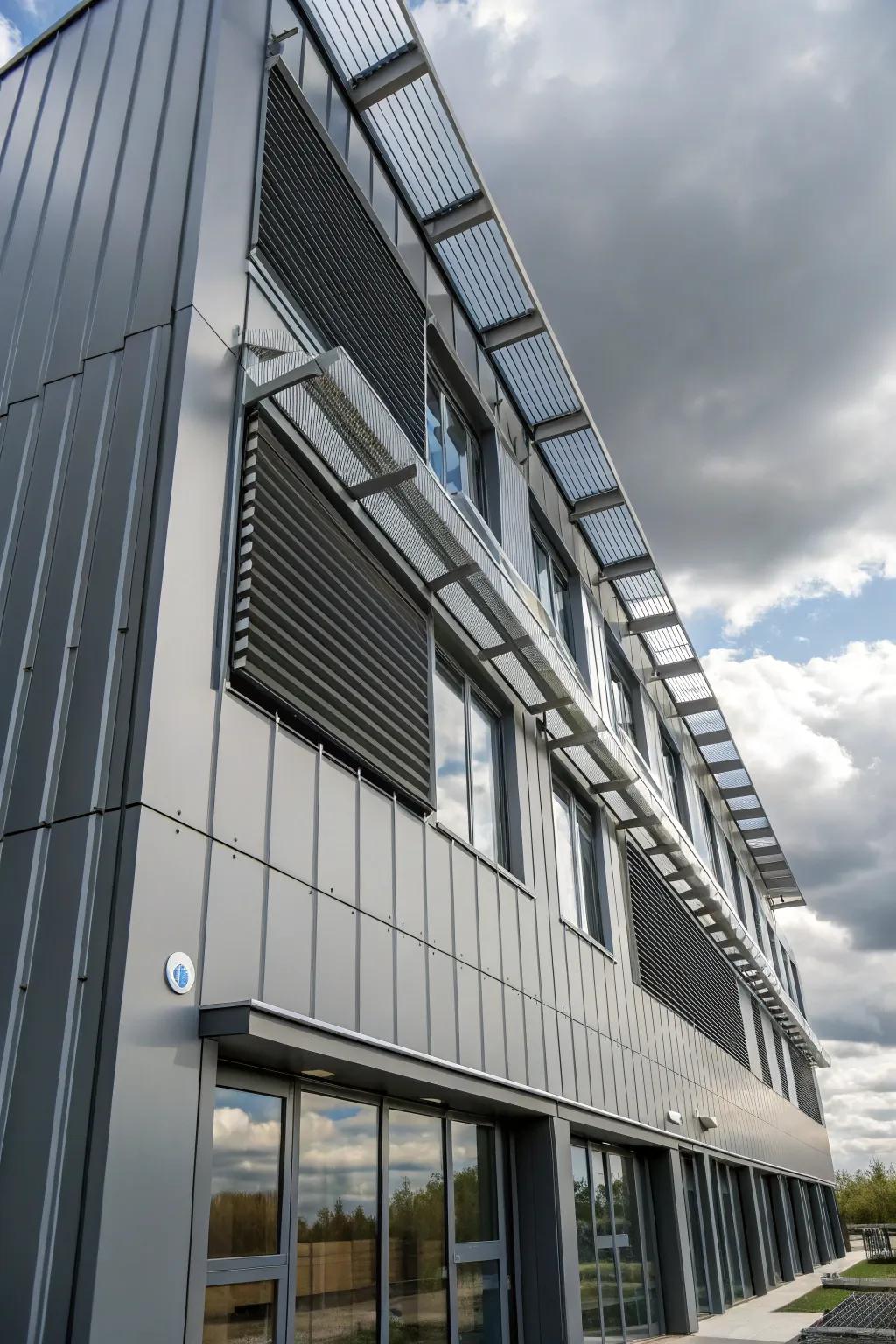 Practical elements such as shading mechanisms enhance this metal facade.
