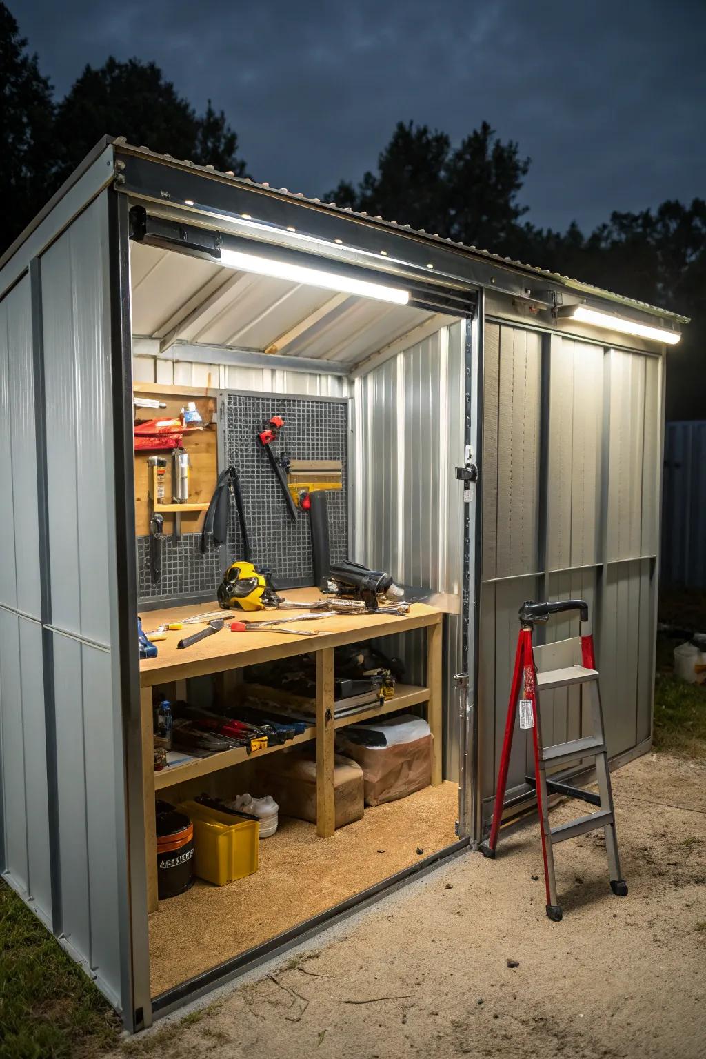 A fold-down table offers a flexible workspace in the shed.