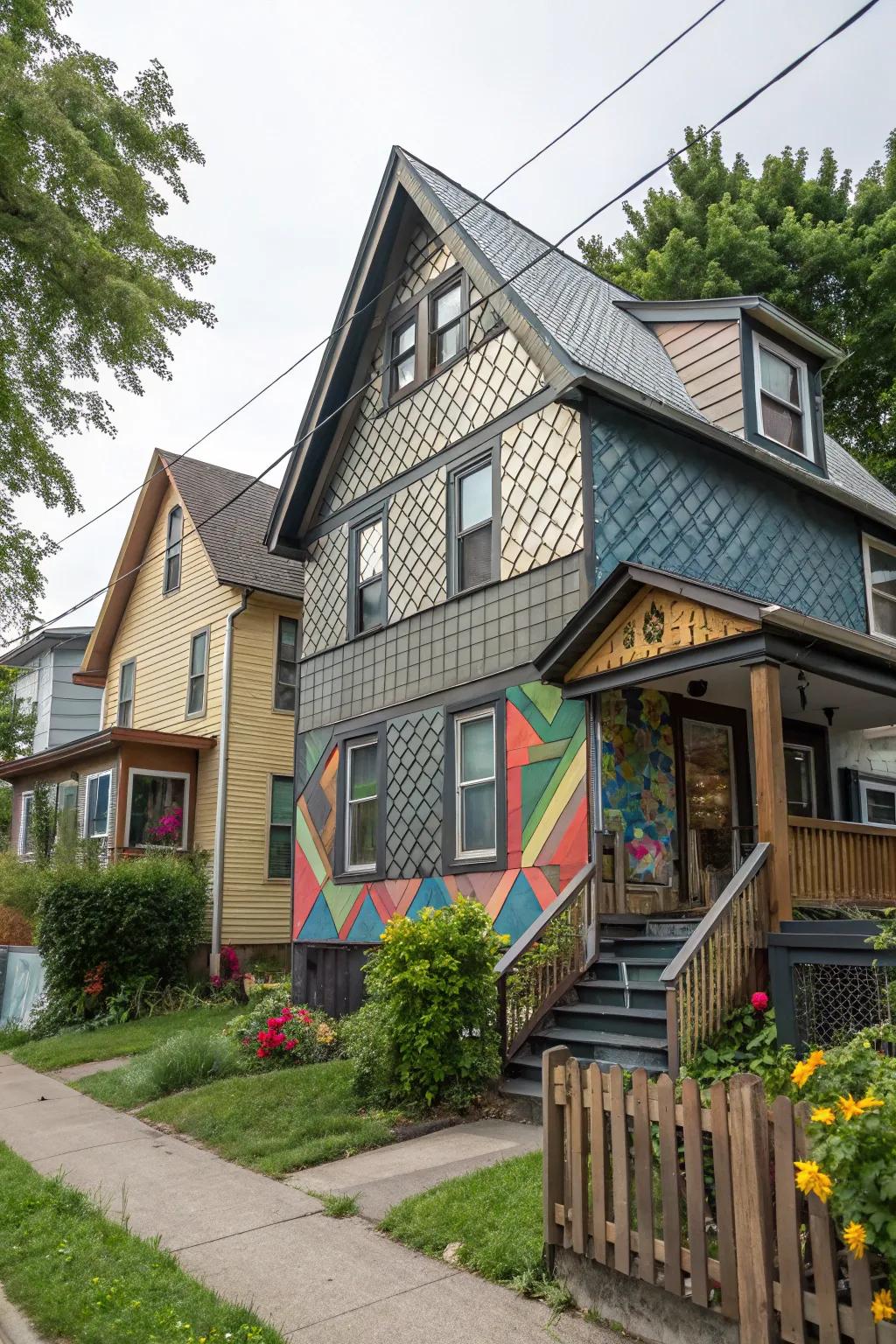 A creatively designed house featuring metal wall cladding with geometric layouts.