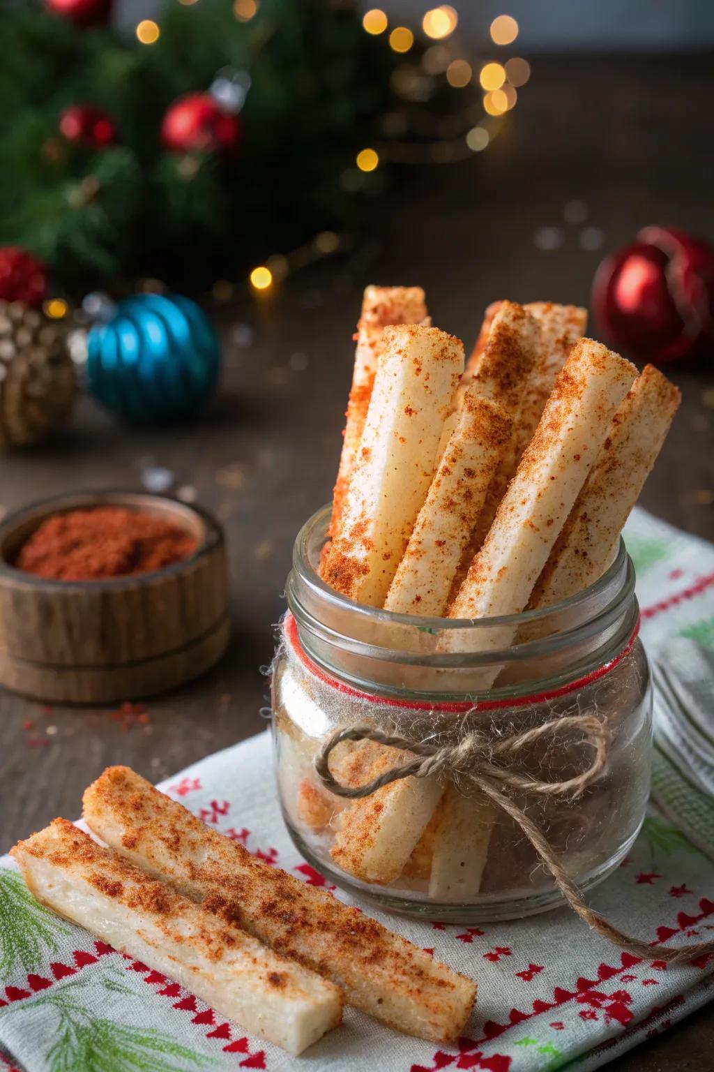Jicama sticks with a chili dusting for a refreshing crunch.