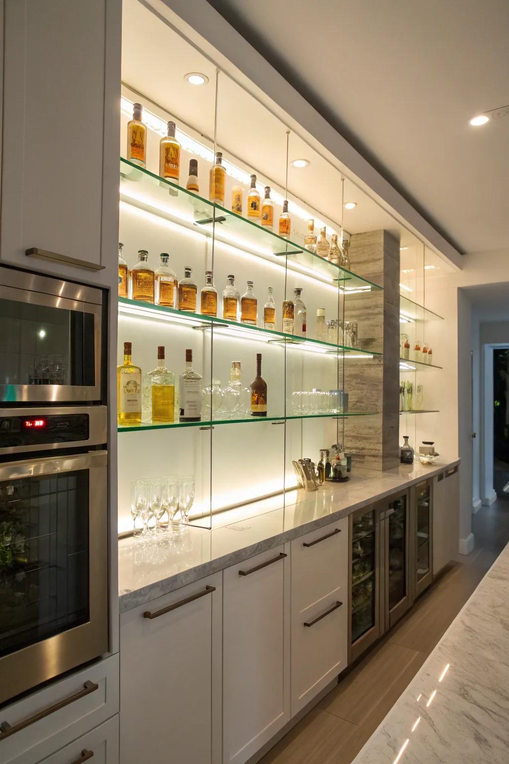 Illuminated vitreous shelves projecting a highlight onto miniature liquor bottles.